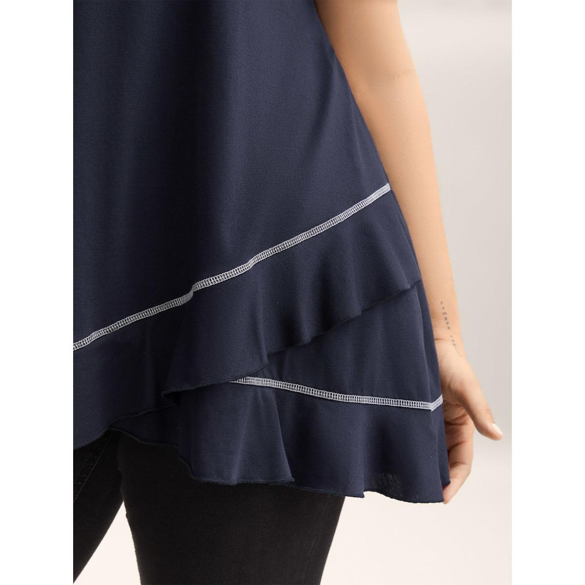 Plus Size Overlap Hem Round Neck T-Shirt Indigo Women Topstitching Round Neck Loose Everyday-Casual T-shirts BloomChic 30/6X Product Image