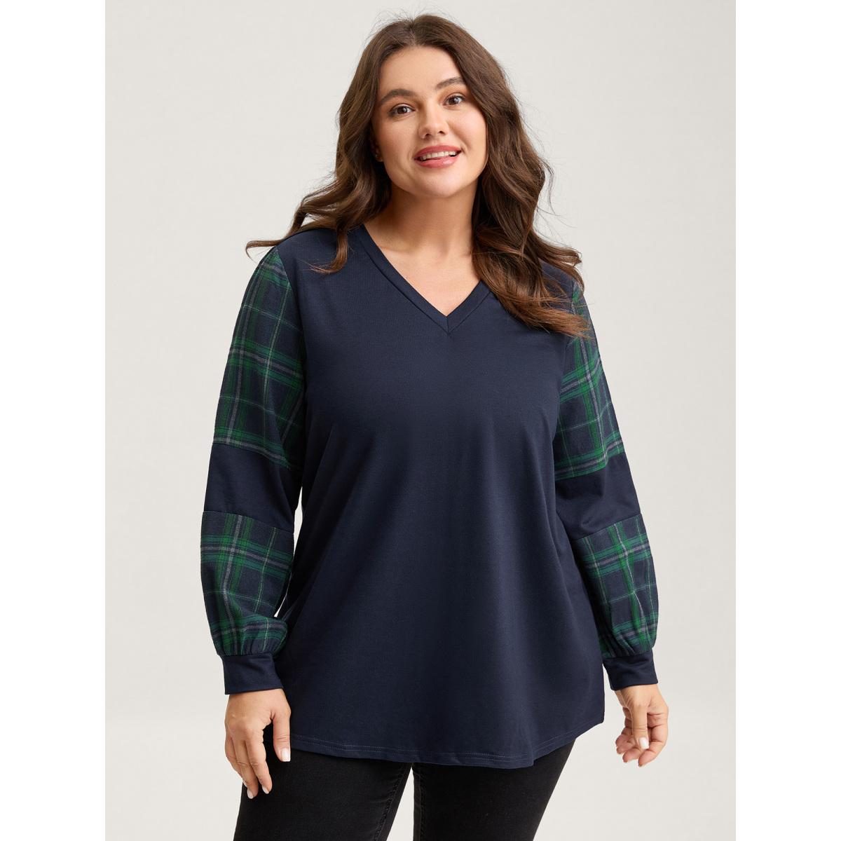 Plus Size Plaid Sleeve Color Contrast Sweatshirt Women Indigo Contrast Loose V-neck Casual Sweatshirts BloomChic 18-20/2X Product Image