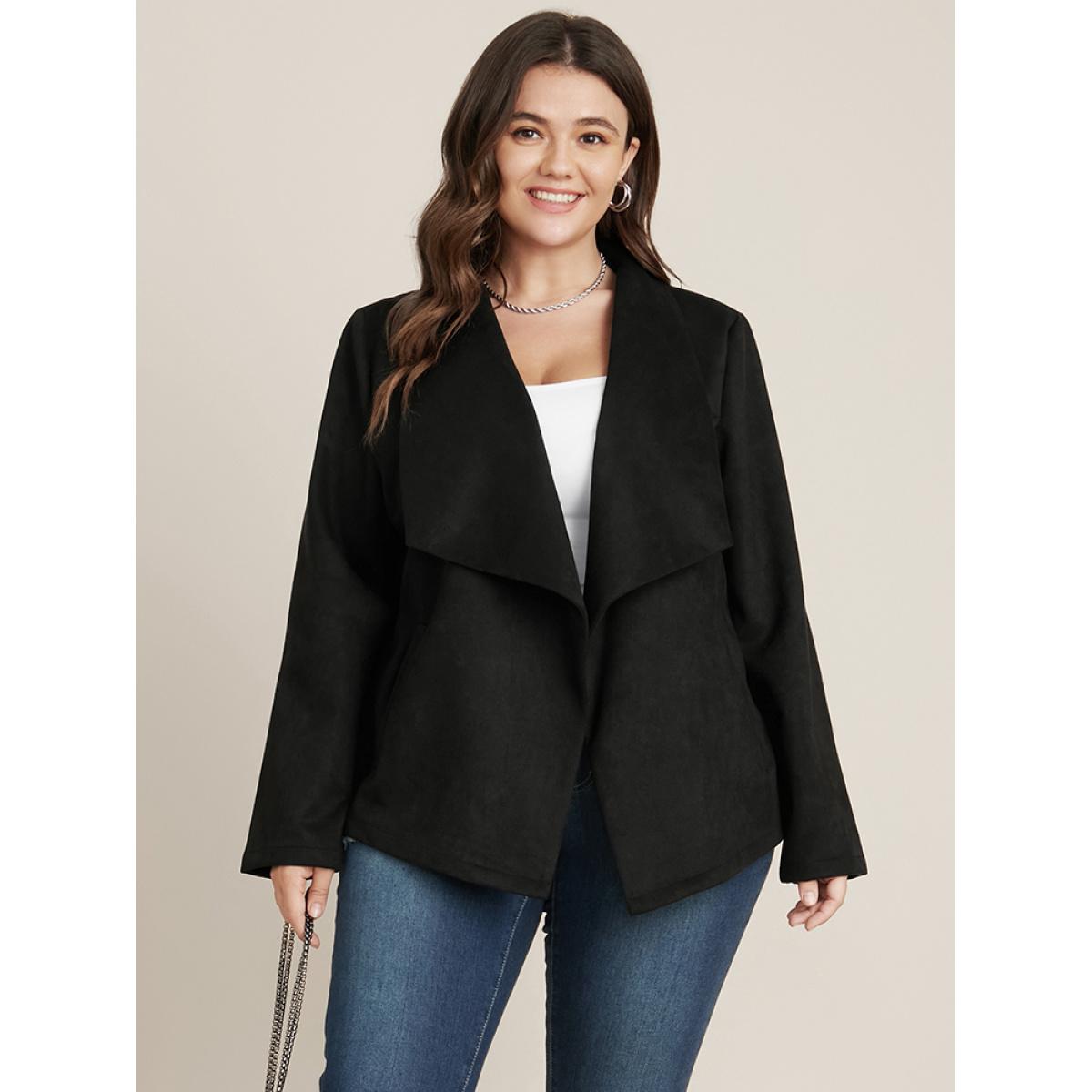 Plus Size Solid Waterfall Collar Pocket Coat Women Black Office Pocket Ladies Office Winter Coats BloomChic 30/6X Product Image