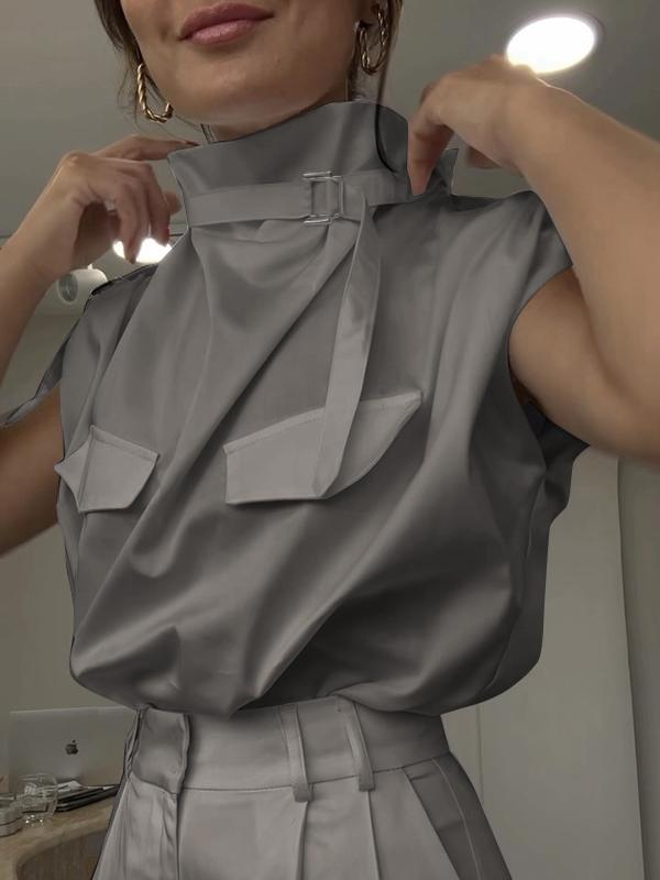 Loose Sleeveless Buckle Solid Color Stand Collar Blouses&Shirts Tops Product Image
