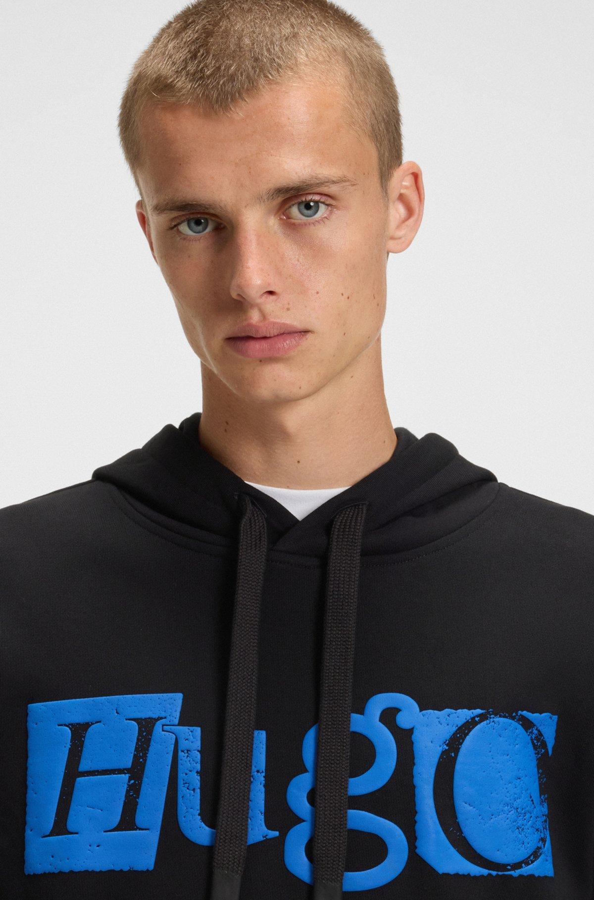HUGO - Cotton-terry hoodie with puff-print logo - Black Product Image