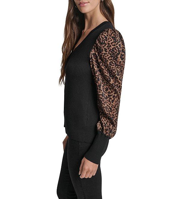 DKNY by Donna Karan Knit Mix Media Cheetah Print Puff Long Sleeve Top Product Image