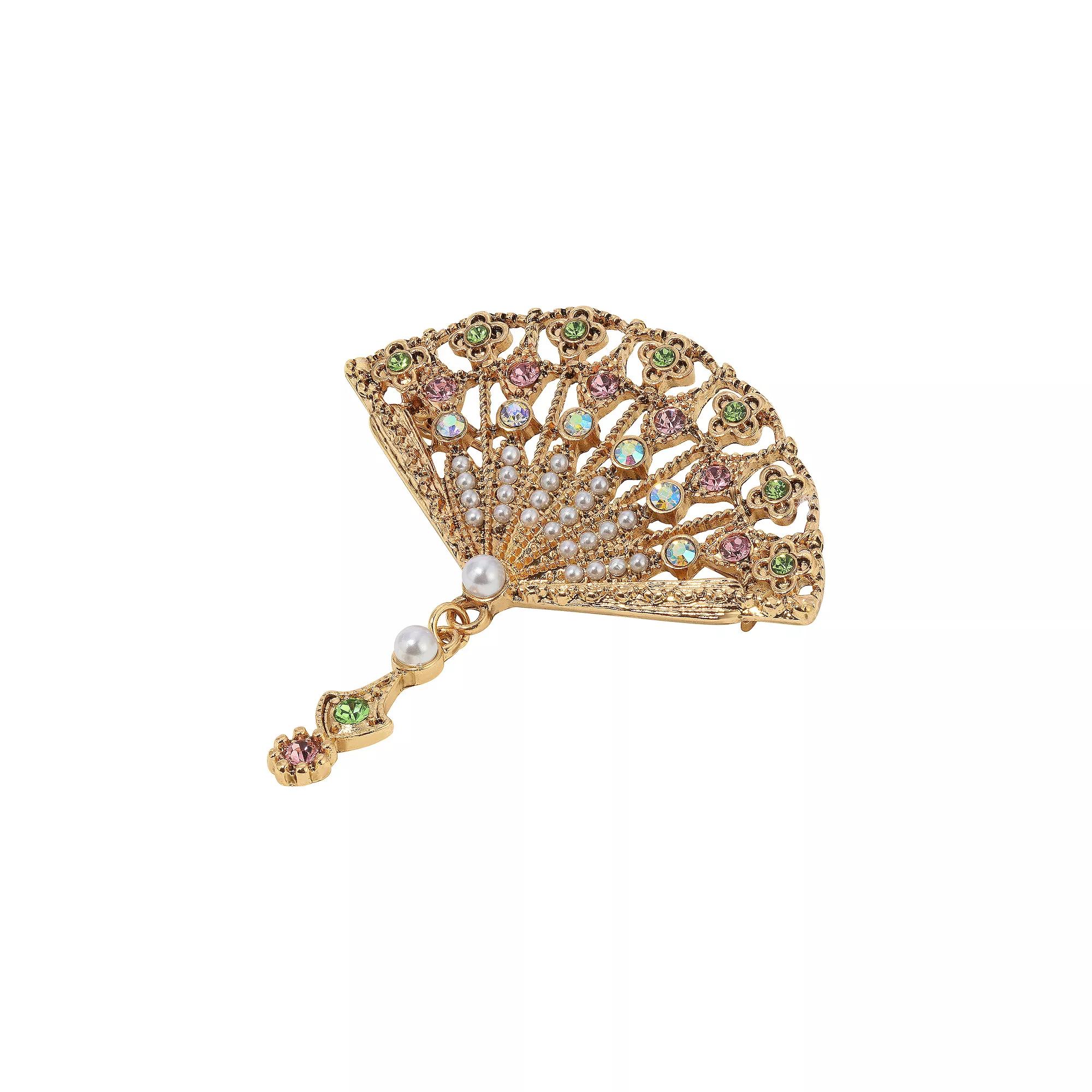 1928 Gold Tone Crystal & Simulated Pearl Fan Pin, Womens, Multi Product Image