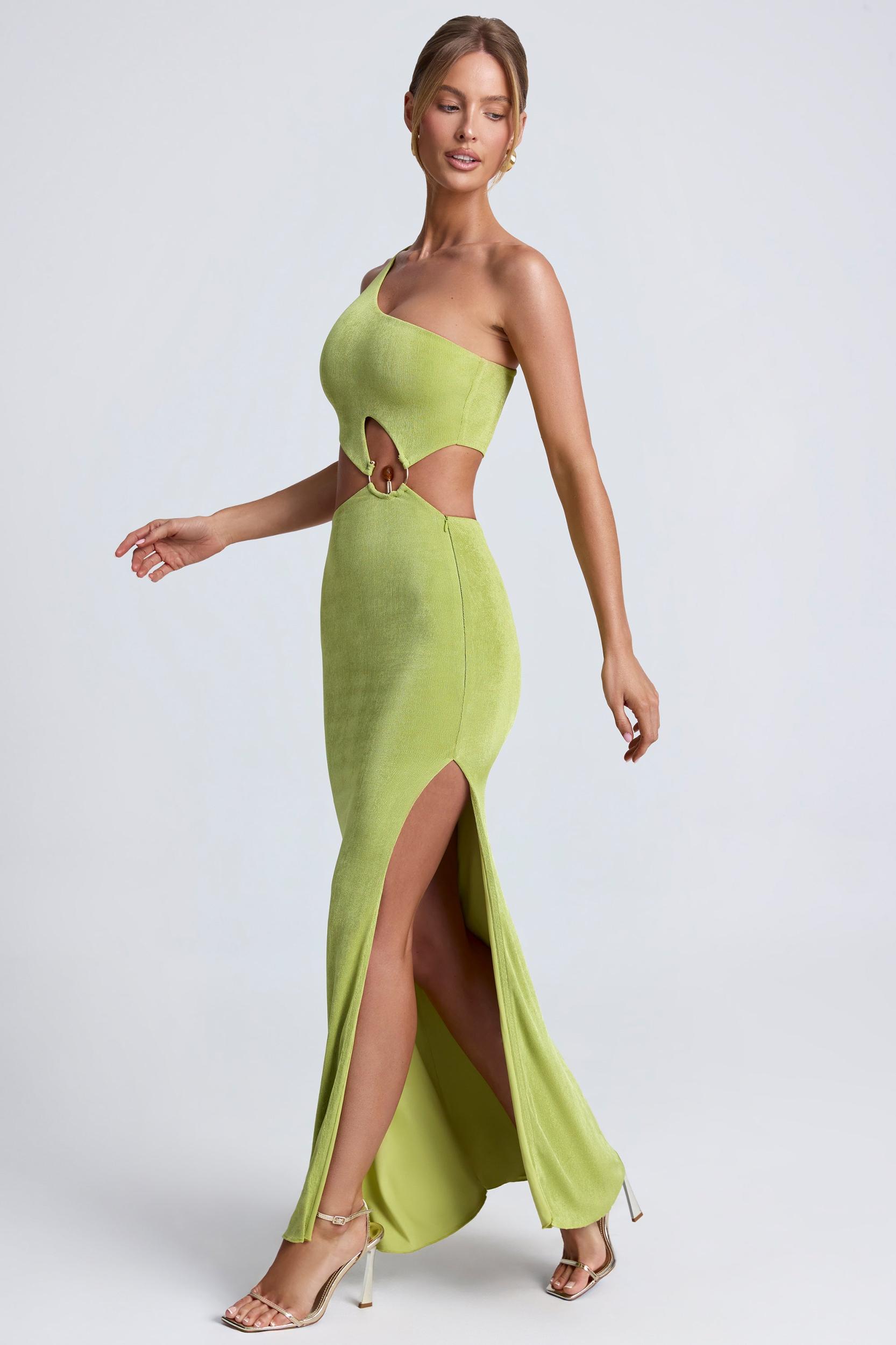 Hardware Detail One-Shoulder Maxi Dress in Olive Green Product Image