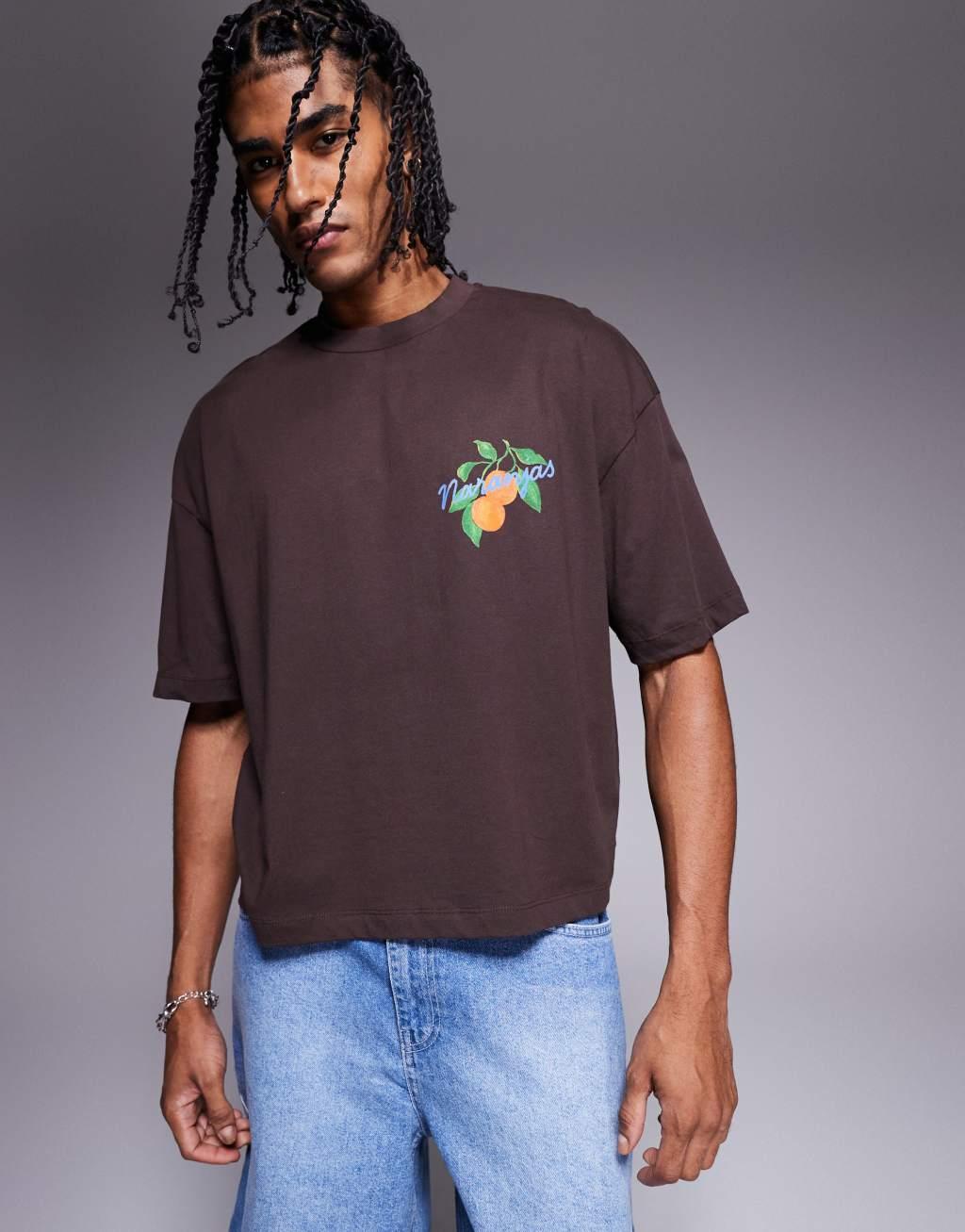 ASOS DESIGN boxy oversized T-shirt with front and back print in brown Product Image