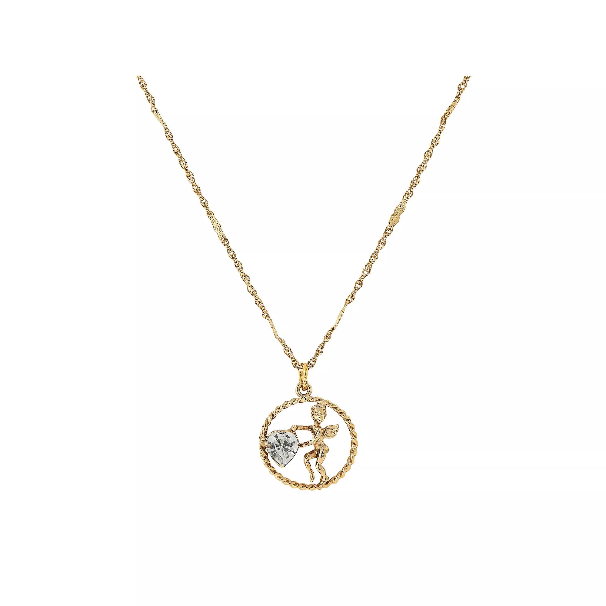 1928 Gold Tone Suspended Cherub Angel and Heart Necklace, Womens, Yellow Product Image