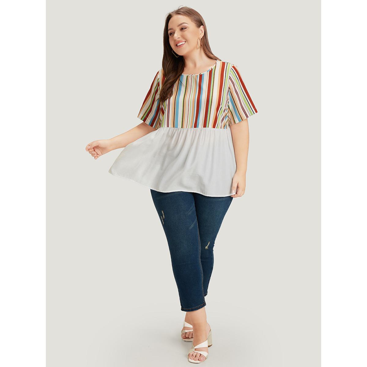 Plus Size Multicolor Rainbow Striped Patchwork Gathered Blouse Women Elegant Short sleeve Round Neck Dailywear Blouses BloomChic 22-24/3X Product Image