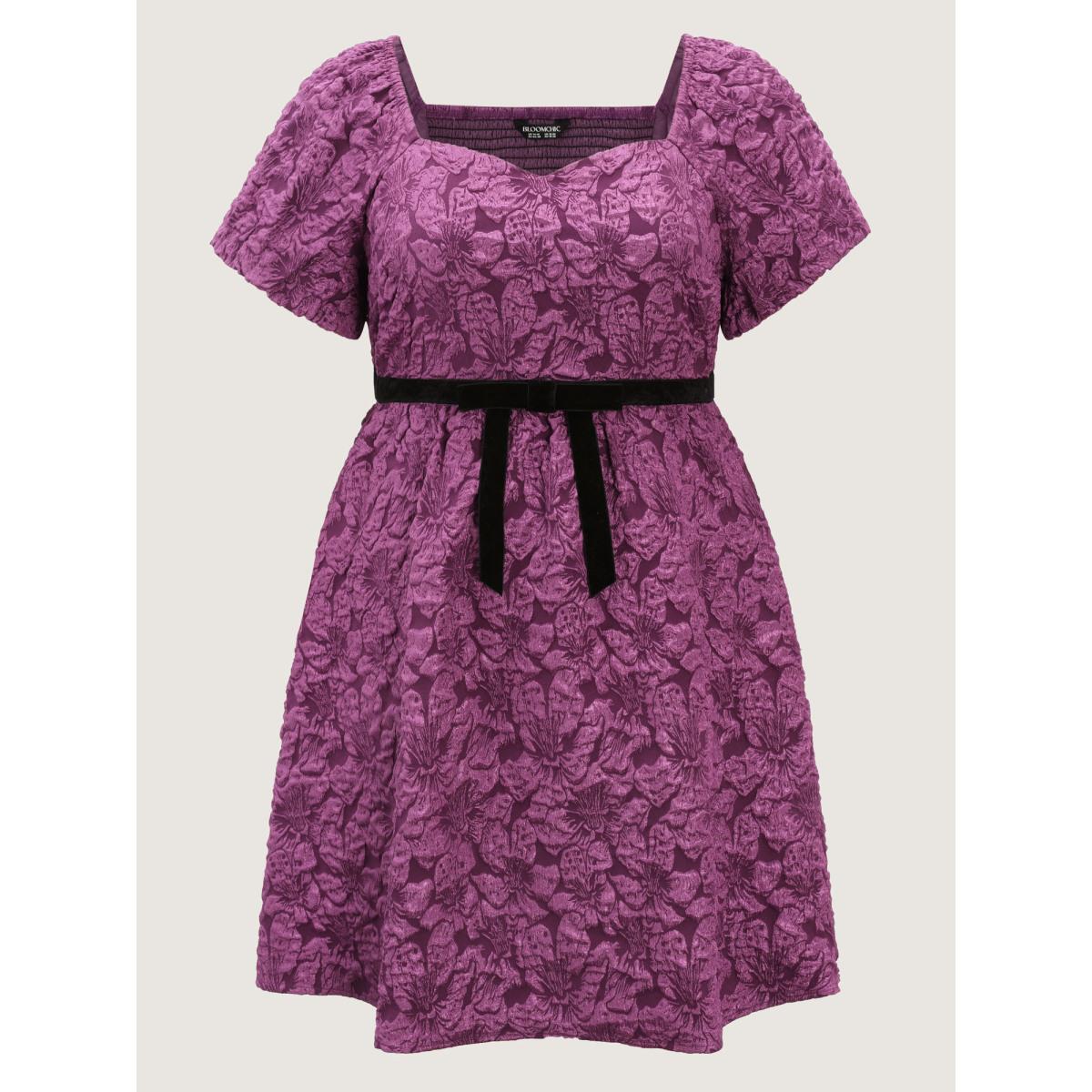 Plus Size Jacquard Bow-Tie Shirred Midi Dress Deeppurplered Women Romantic Heart neckline Half Sleeve Curvy BloomChic 28/5X Product Image