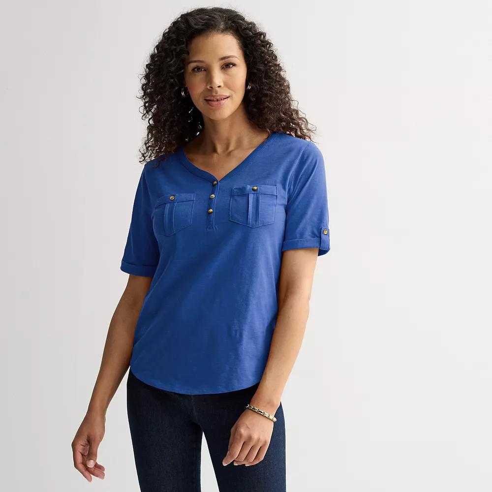 Petite Croft & Barrow Elbow Sleeve Utility Henley Top, Womens Product Image