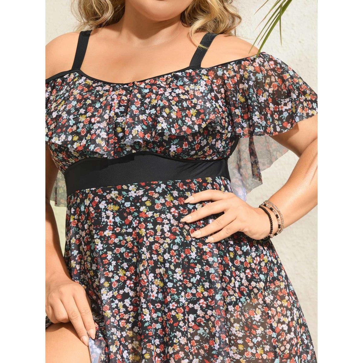 Plus Size Floral Print Mesh Cold-Shoulder Swim Dress Women's Swimwear Black Beach Bodycon One-shoulder neck High stretch Curve Swim Dresses BloomChic 14-16/1X Product Image