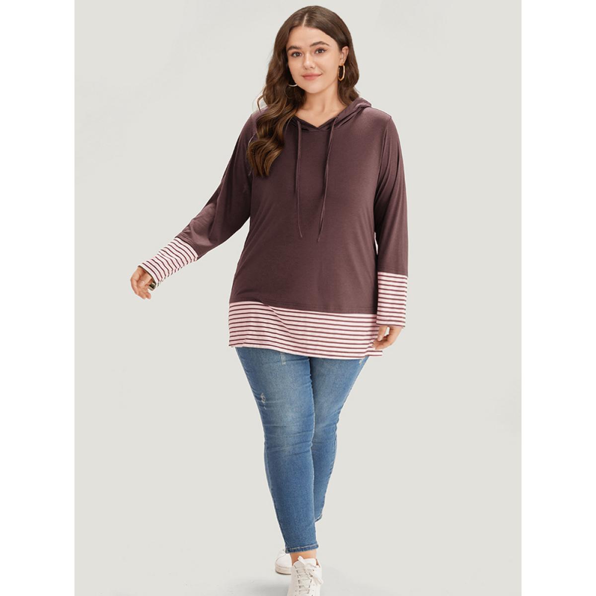Plus Size Striped Patchwork Hooded Drawstring T-shirt Russet Women Casual Patchwork Striped Hooded Dailywear T-shirts BloomChic 26/4X Product Image