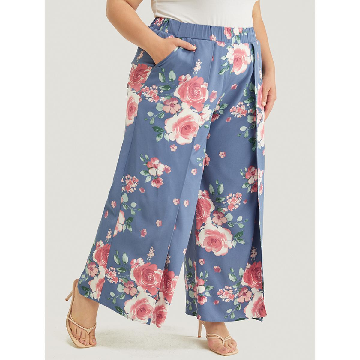 Plus Size Floral Print Pocket Split Wide Leg Pants Women Blue Elegant Mid Rise Dailywear Pants BloomChic 10/M Product Image