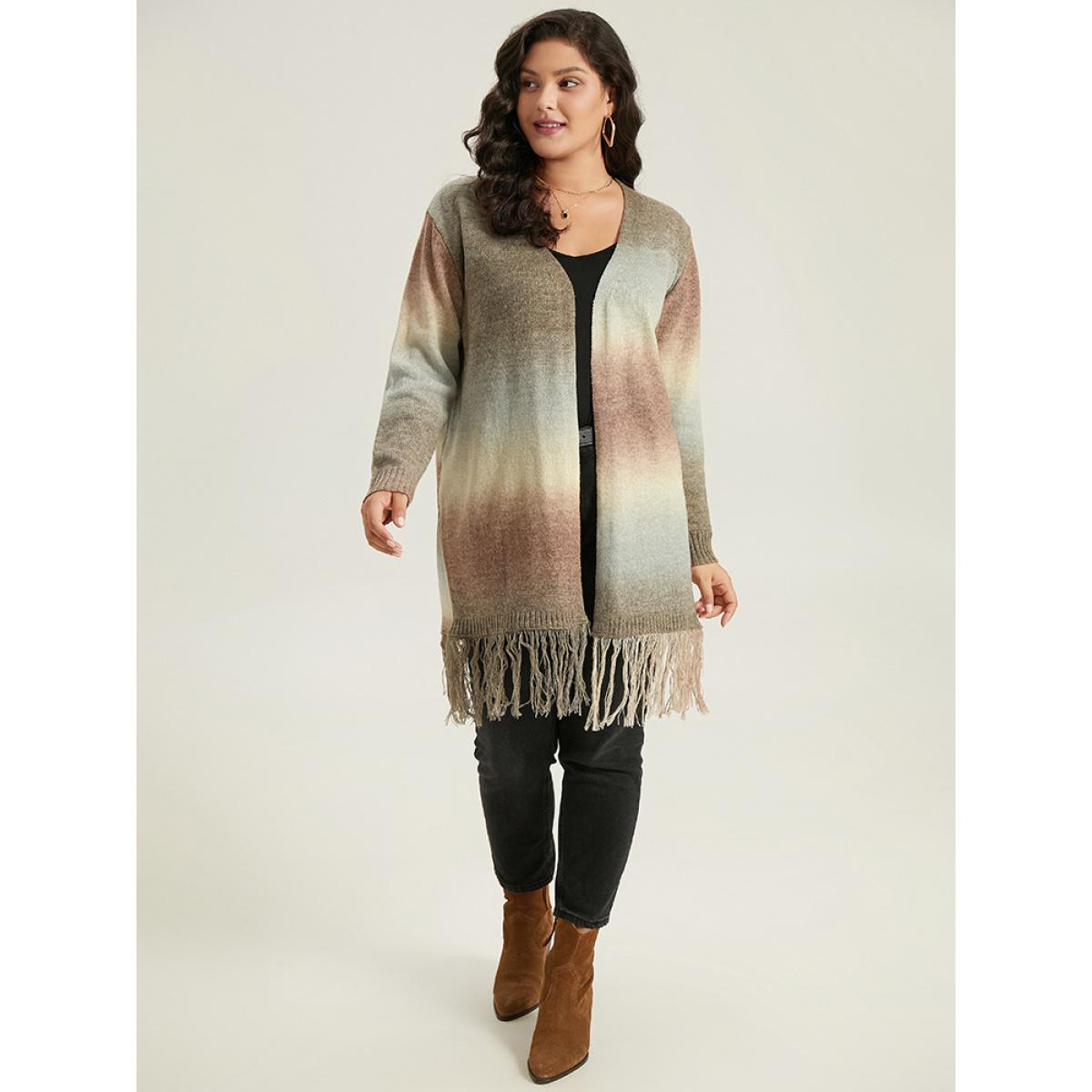 Plus Size Ombre Fringe Trim Open Front Cardigan Multicolor Women Casual Loose Long Sleeve Dailywear Cardigans BloomChic 26/4X Product Image