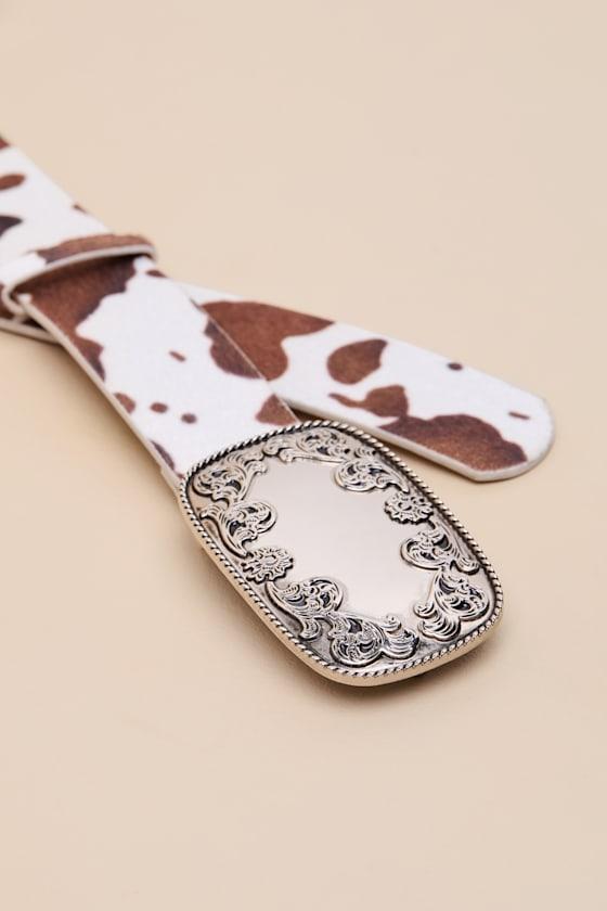 Winry Brown and White Cow Print Faux Fur Belt Product Image