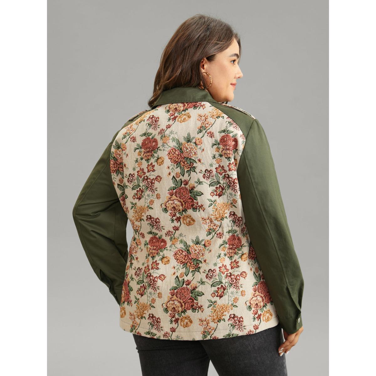 Plus Size Jacquard Patchwork Elastic Waist Flap Pocket Jacket Women ArmyGreen Lined Pocket Dailywear Jackets BloomChic 18-20/2X Product Image