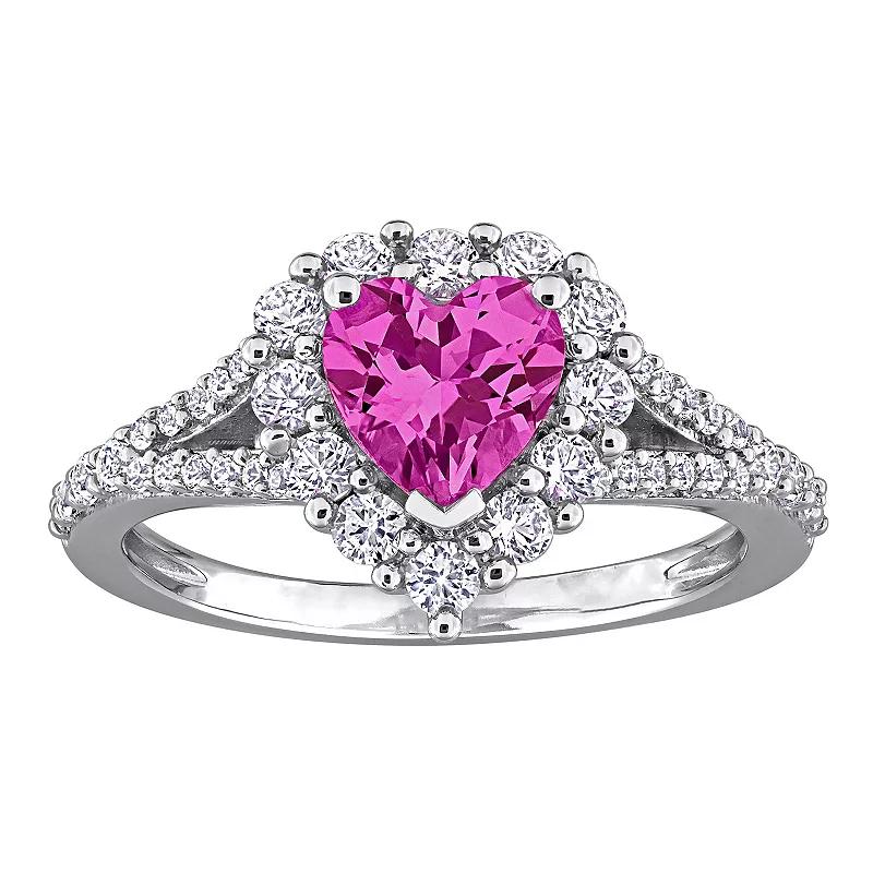 Stella Grace Sterling Silver Lab-Created Pink Sapphire & Lab-Created White Sapphire Halo Heart Engagement Ring, Women's, Size: 5 Product Image