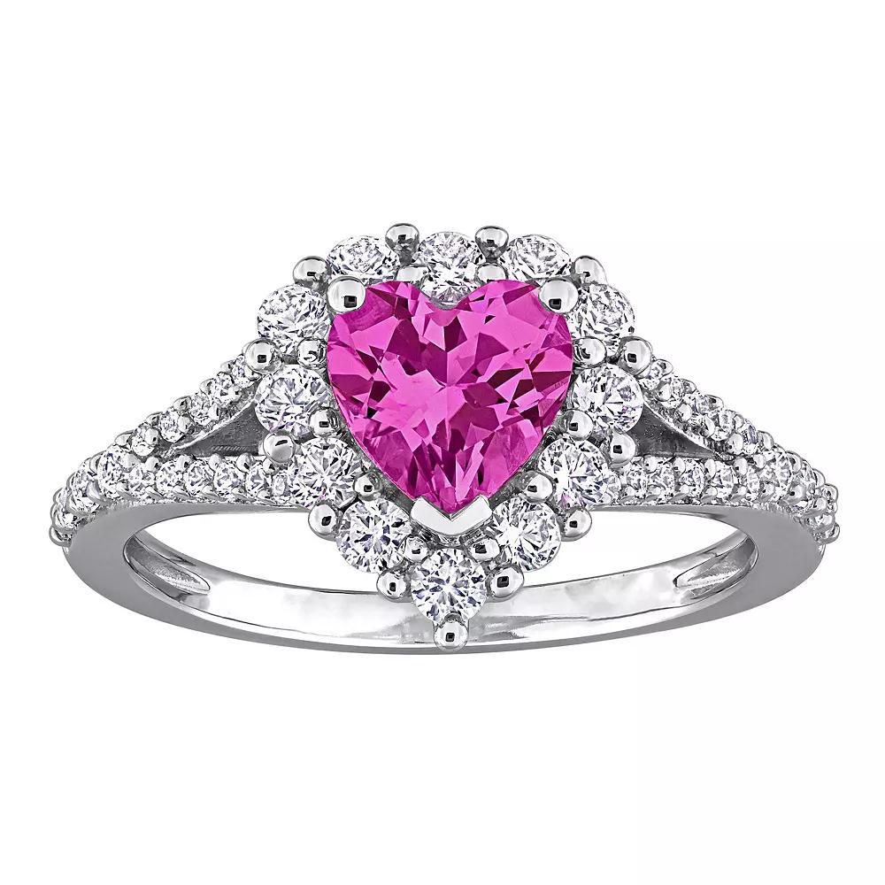 Stella Grace Sterling Silver Lab-Created Pink Sapphire & Lab-Created White Sapphire Halo Heart Engagement Ring, Women's, Size: 5 Product Image