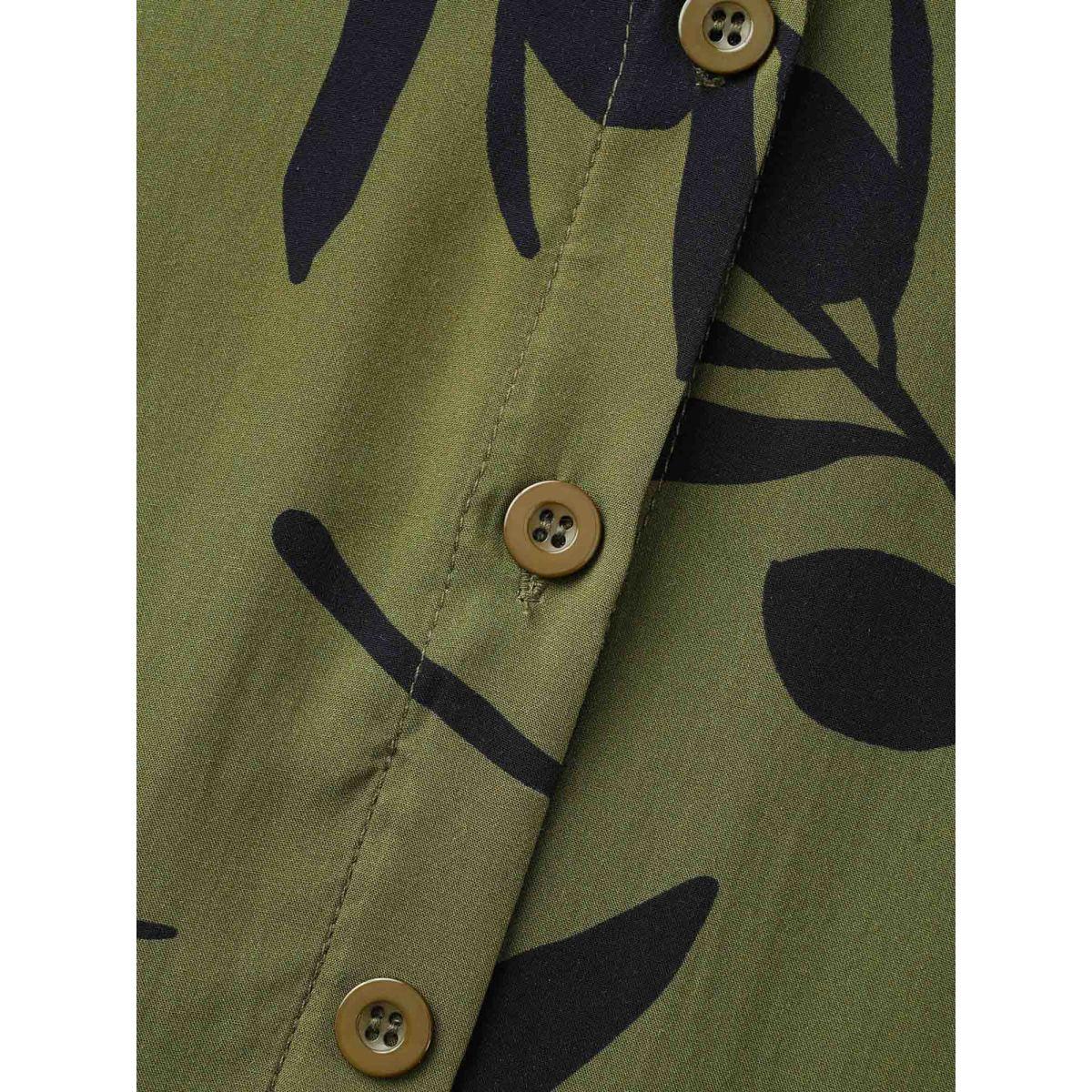 Plus Size Tropical Print Shirt Collar Midi Dress ArmyGreen Women Elegant Button Shirt collar Short sleeve Curvy BloomChic 22-24/3X Product Image