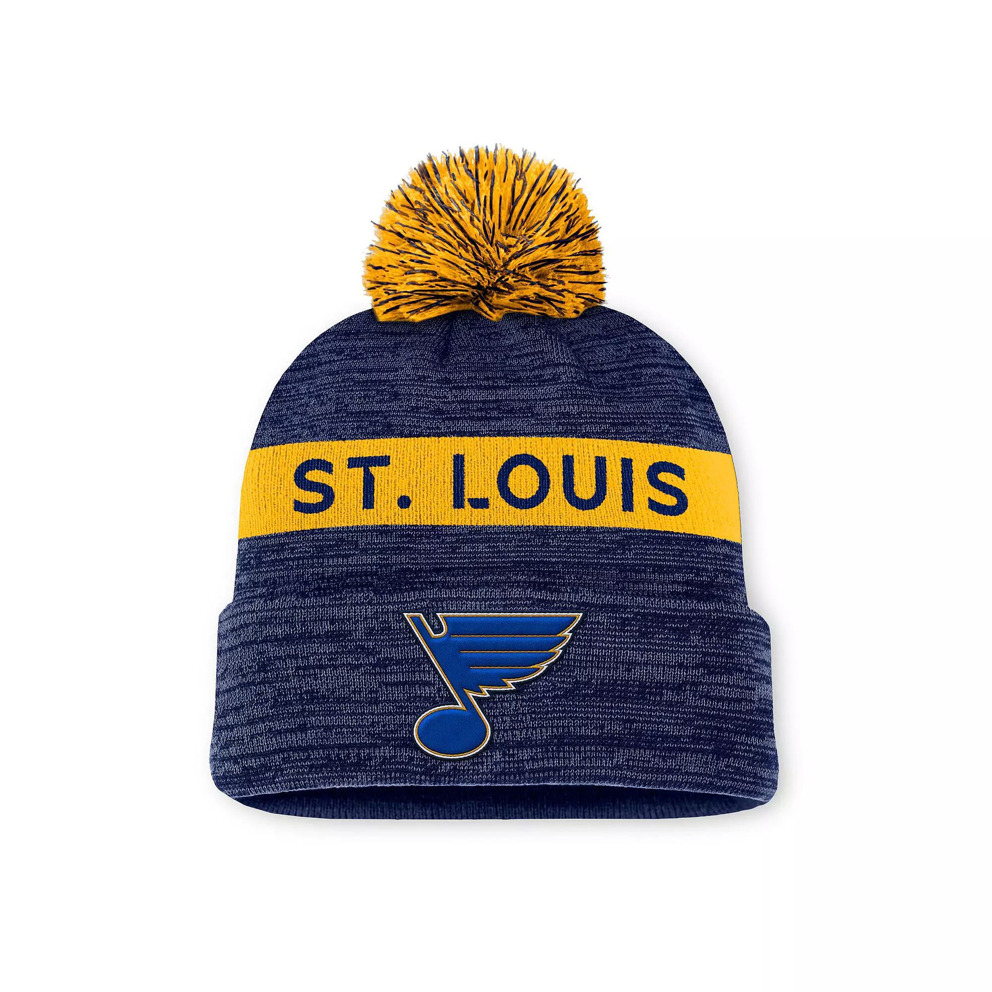 Men's Fanatics Navy/Gold St. Louis Blues Authentic Pro Rink Cuffed Knit Hat with Pom Product Image