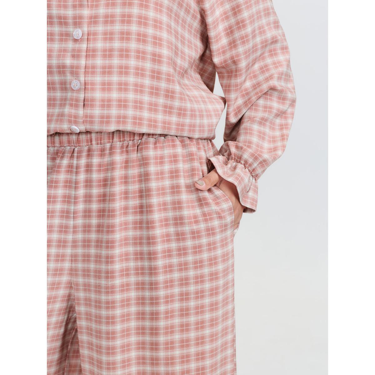 Plus Size Gingham Ruffled Hem Loungewear Set Women Rouge Button Extra Long Sleeve Round Neck Leisure Loungewear Sets BloomChic 26/4X Product Image