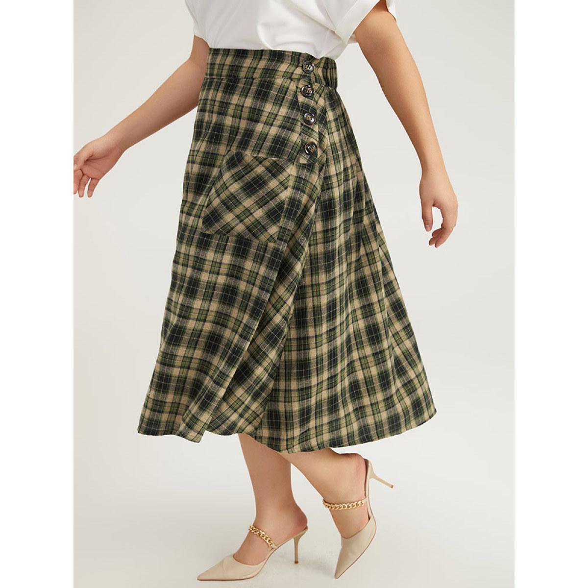 Plus Size Plaid Patched Pocket Button Up Skirt Women Multicolor Office Elastic Waist No stretch Pocket Work Skirts BloomChic 26/4X Product Image