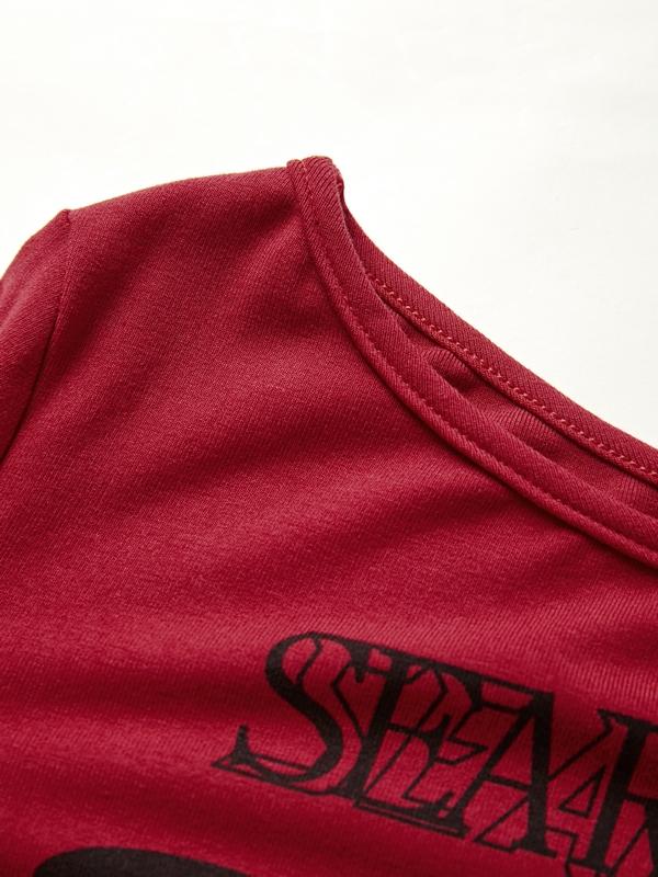 Y2K One Shoulder Letter Print Tie Up Long Sleeve Tee Product Image