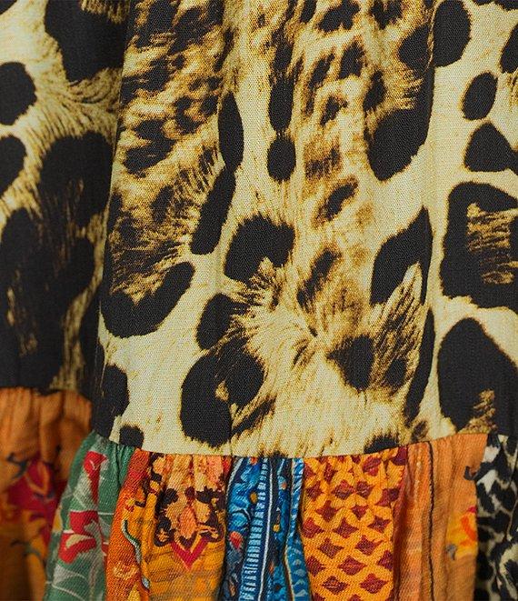Calessa Embroidered Patchwork Animal Print Split V-Neck 3/4 Sleeve Tunic Product Image