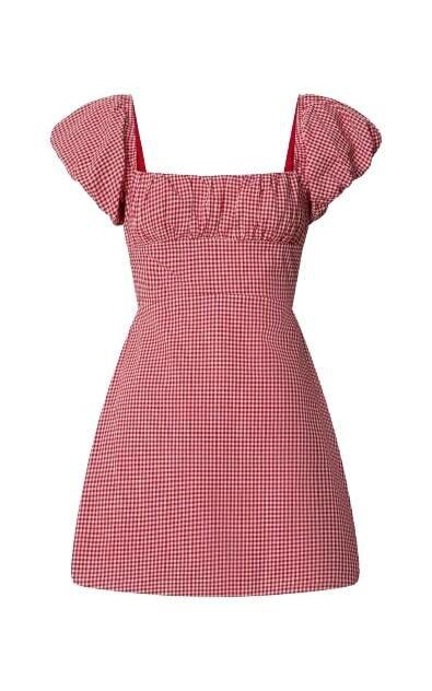 Ginny Mini Dress - Square Neck Ruched Bodice Puff Sleeve Straight Dress in Red Gingham Product Image