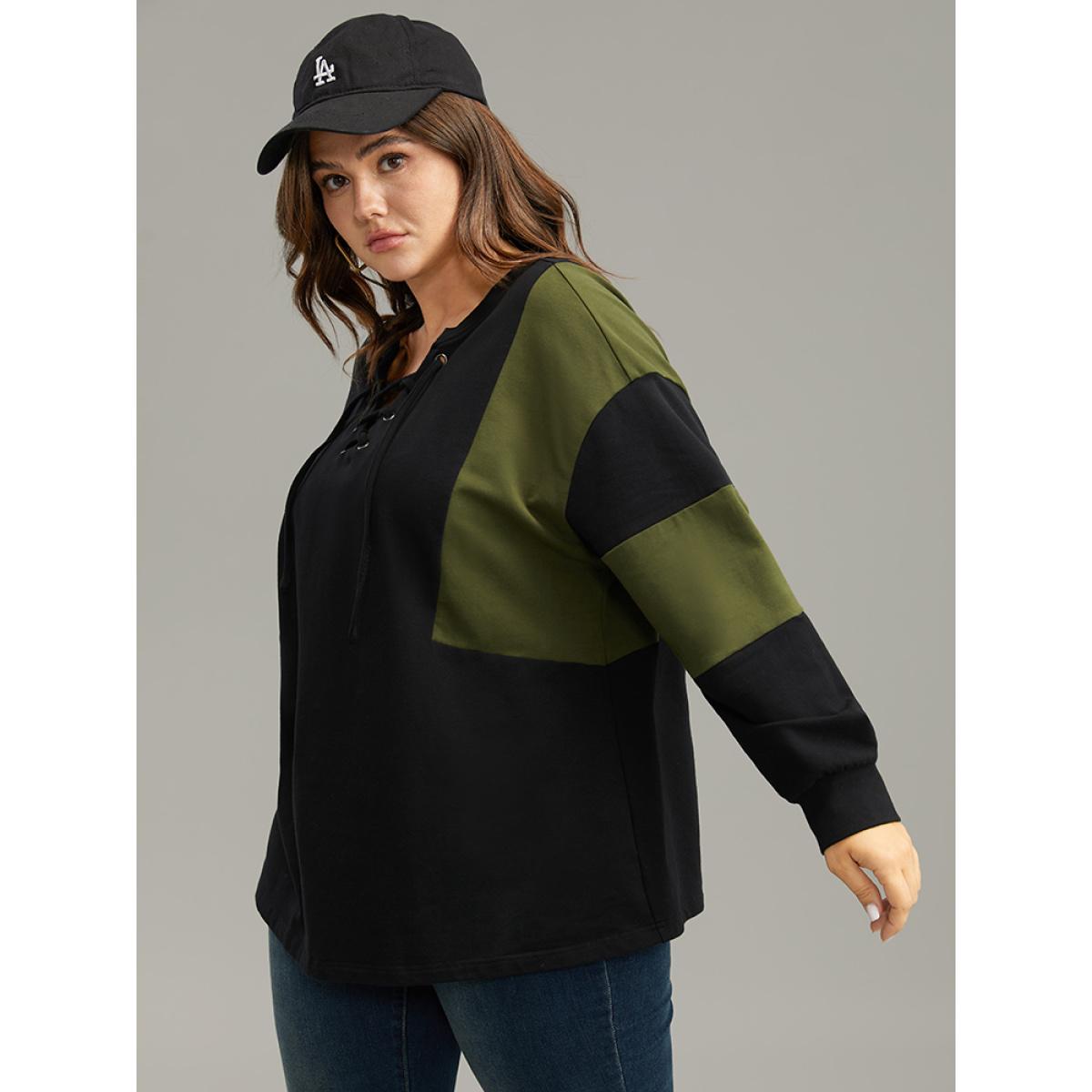 Plus Size Cotton Colorblock Contrast Lace Up Sweatshirt Women Black Casual Elastic cuffs V-neck Dailywear Sweatshirts BloomChic 26/4X Product Image