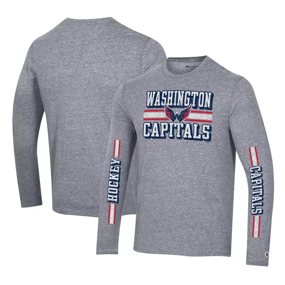 Men's Champion Heather Gray Washington Capitals Tri-Blend Dual-Stripe Long Sleeve T-Shirt,  Product Image