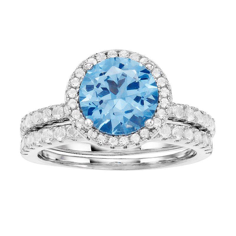 Gemminded Lab-Created Aquamarine Silver Tone 2-Piece Wedding Band Set, Women's,  Product Image