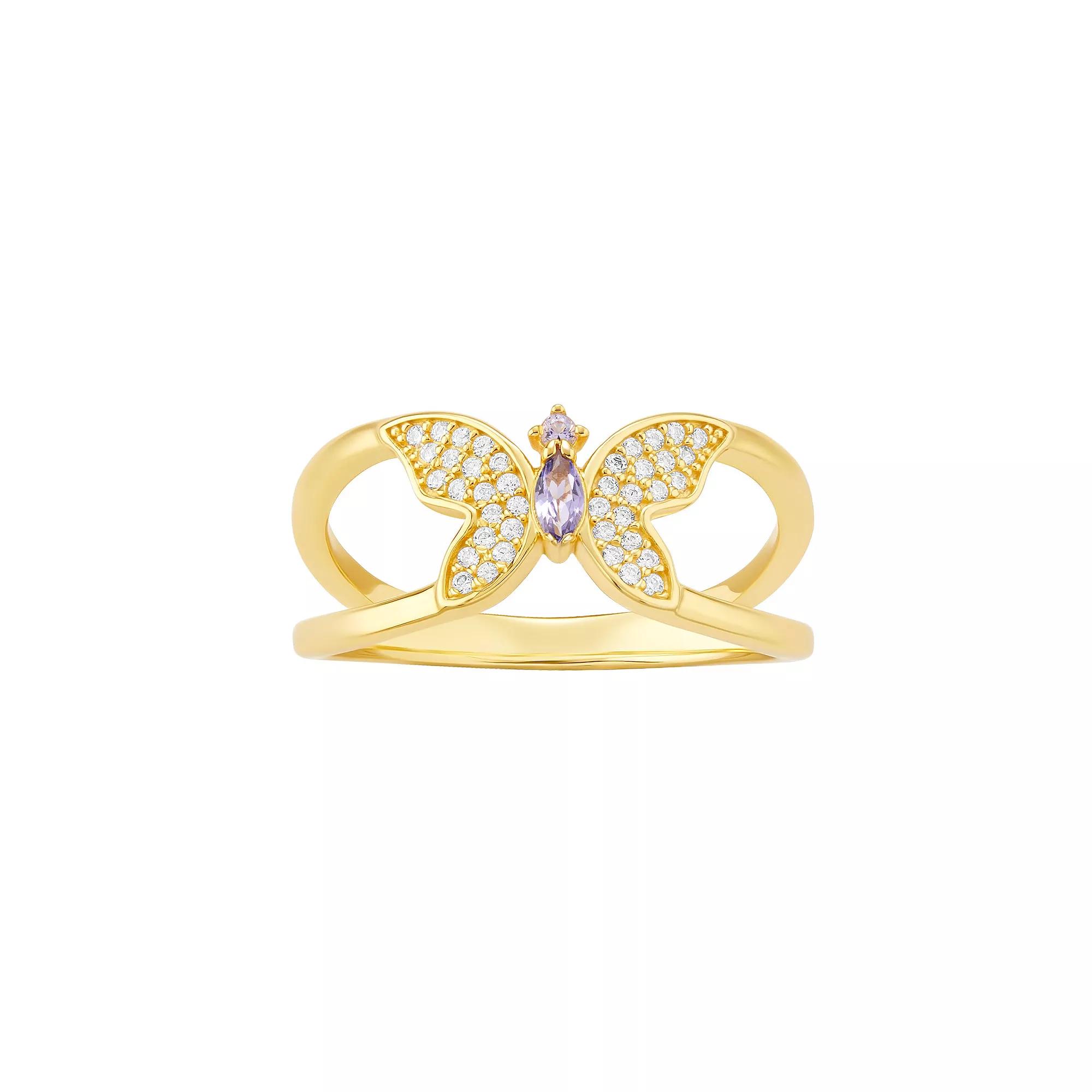PRIMROSE 18k Gold Over Silver Cubic Zirconia Butterfly Ring, Women's, Size: 9, Gold Tone Purple Product Image