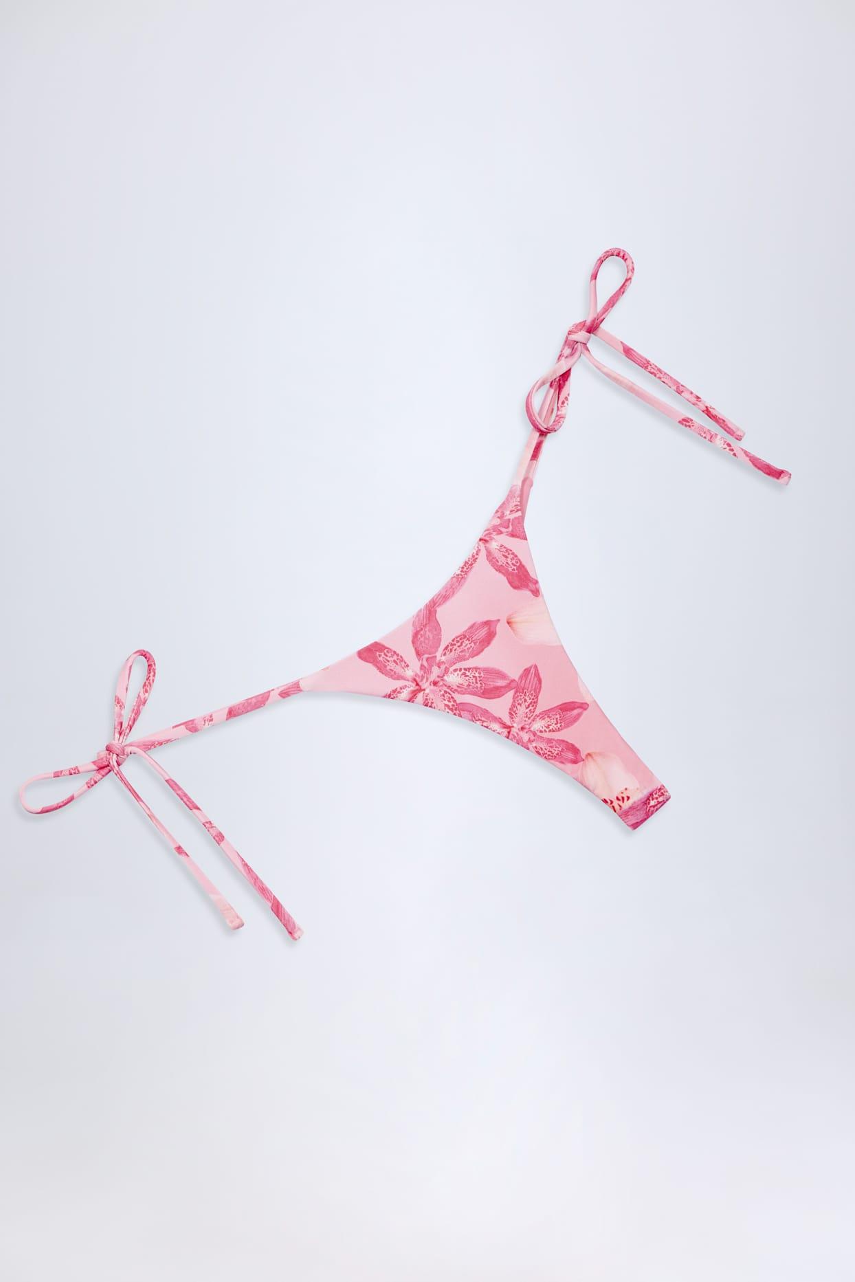 Side-Tie Thong Bikini Bottoms in Pink Orchid Print Product Image