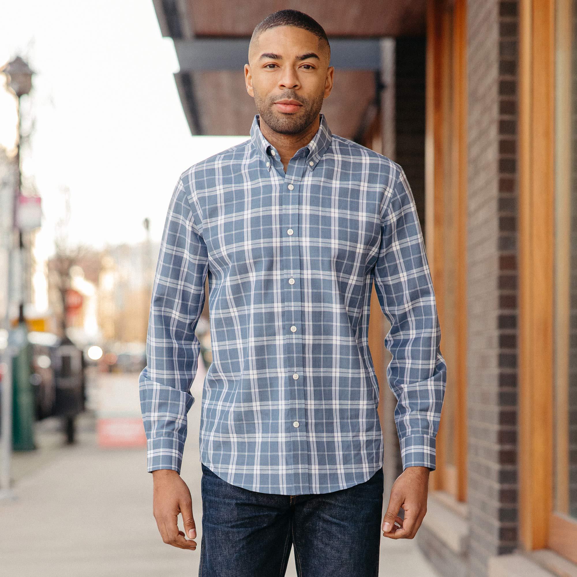 Merino Wool and Linen Button-Down Shirt | Blue & White Plaid Product Image