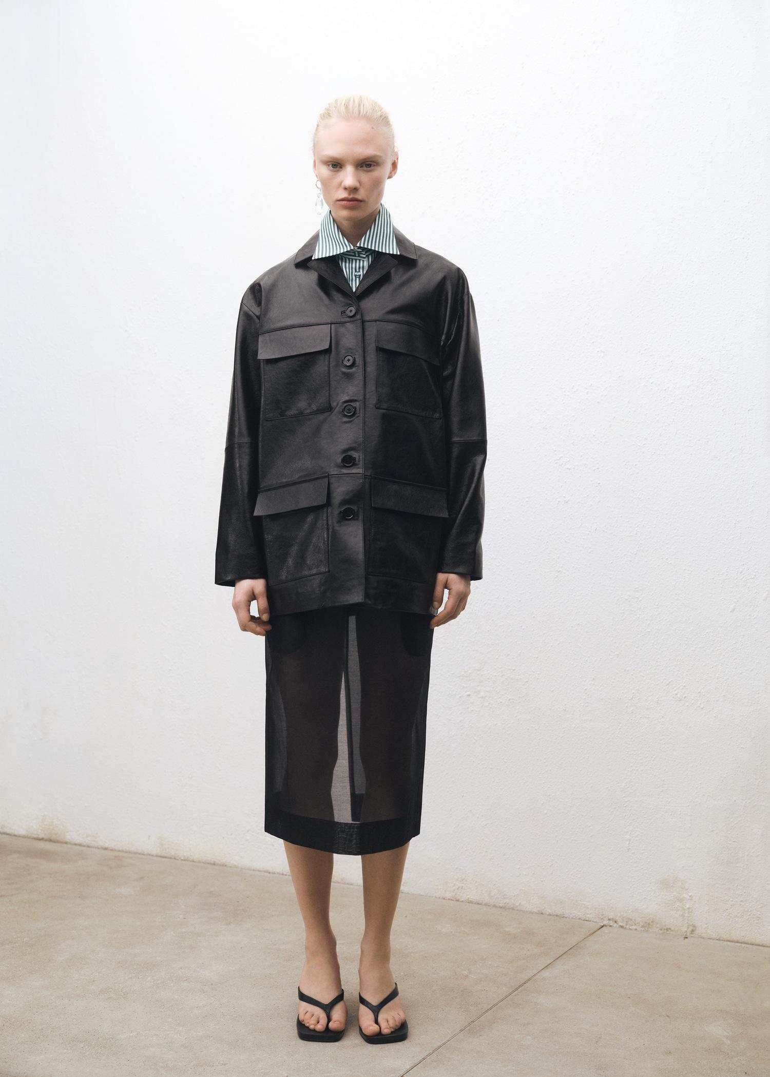 Oversized leather jacket with pockets - Women | MANGO USA Product Image