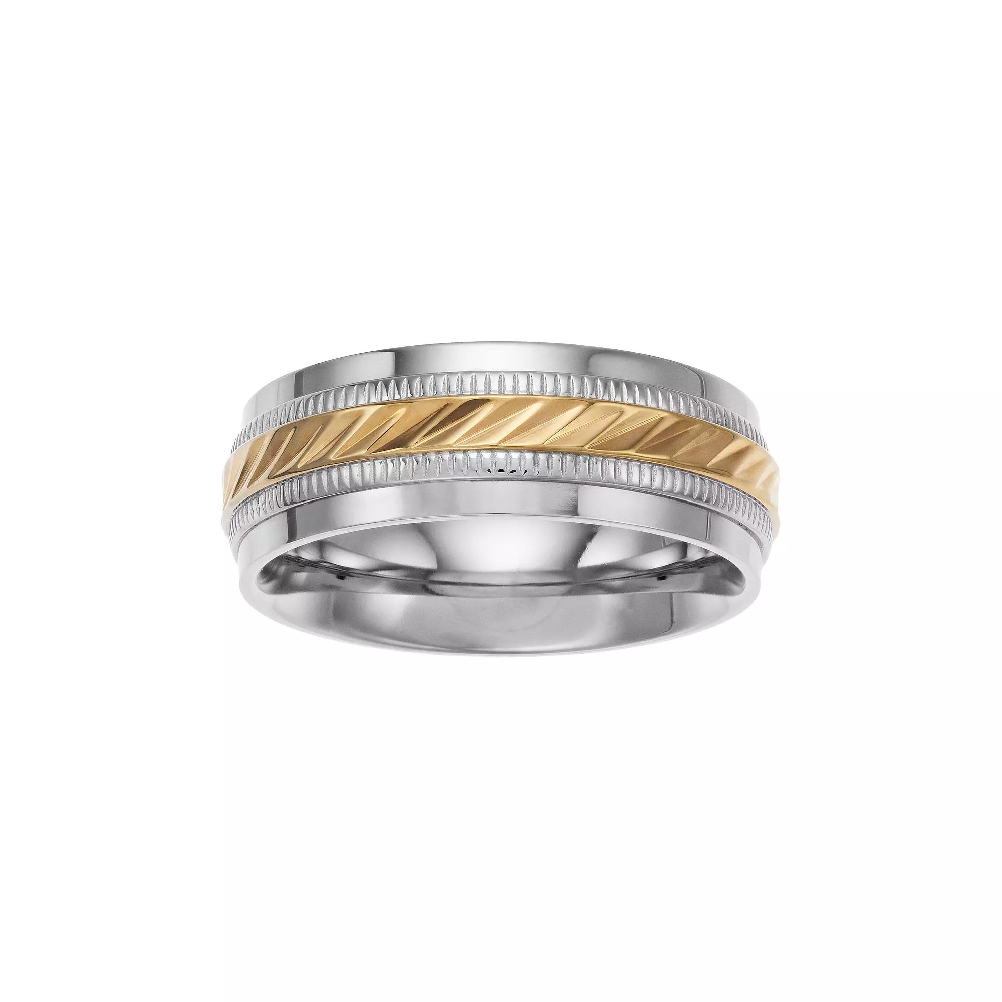 Two Tone Stainless Steel Wave Wedding Band - Men, Men's, Size: 10.50 Product Image