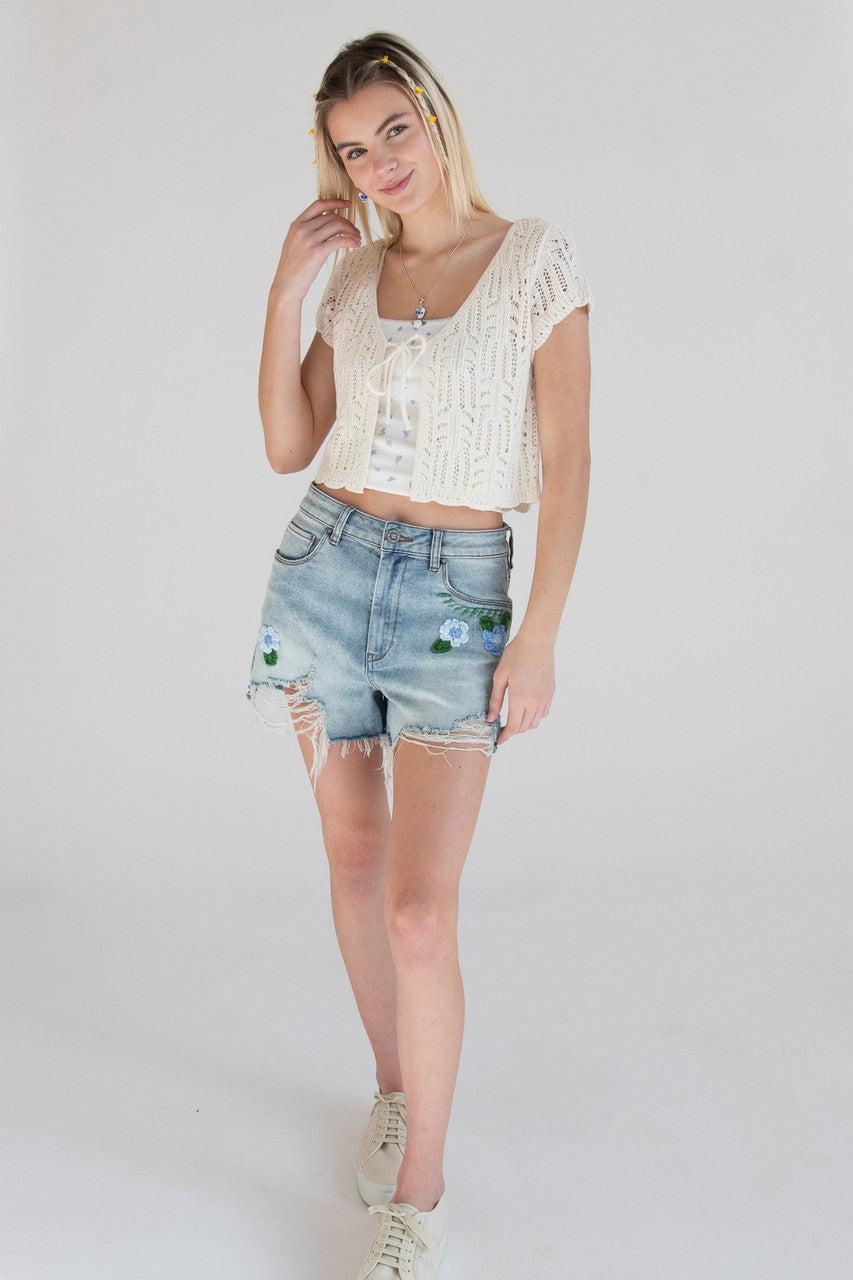 Crochet Flowers Cut Off Shorts Product Image