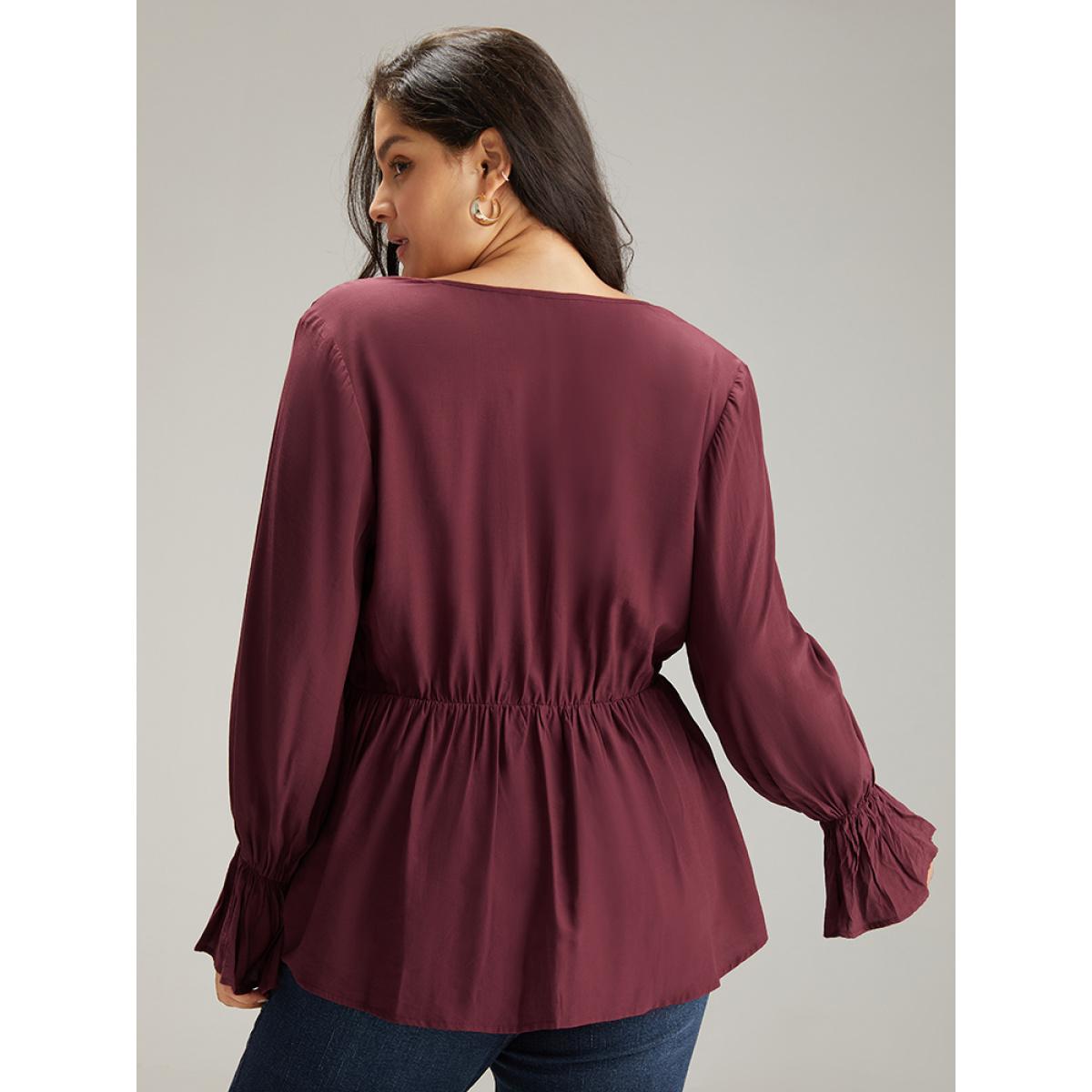 Plus Size Burgundy Button Detail Ruffle Trim Blouse Women Elegant Long Sleeve V-neck Dailywear Blouses BloomChic 18-20/2X Product Image