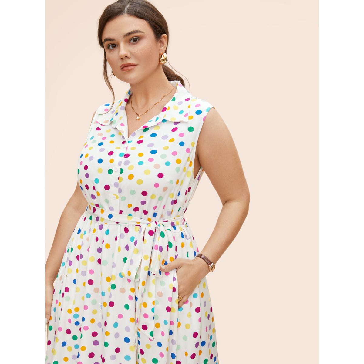 Plus Size Polka Dot Front Tie Midi Shirt Dress WhiteSmoke Women Casual Belted Shirt collar Sleeveless Curvy BloomChic 14-16/1X Product Image