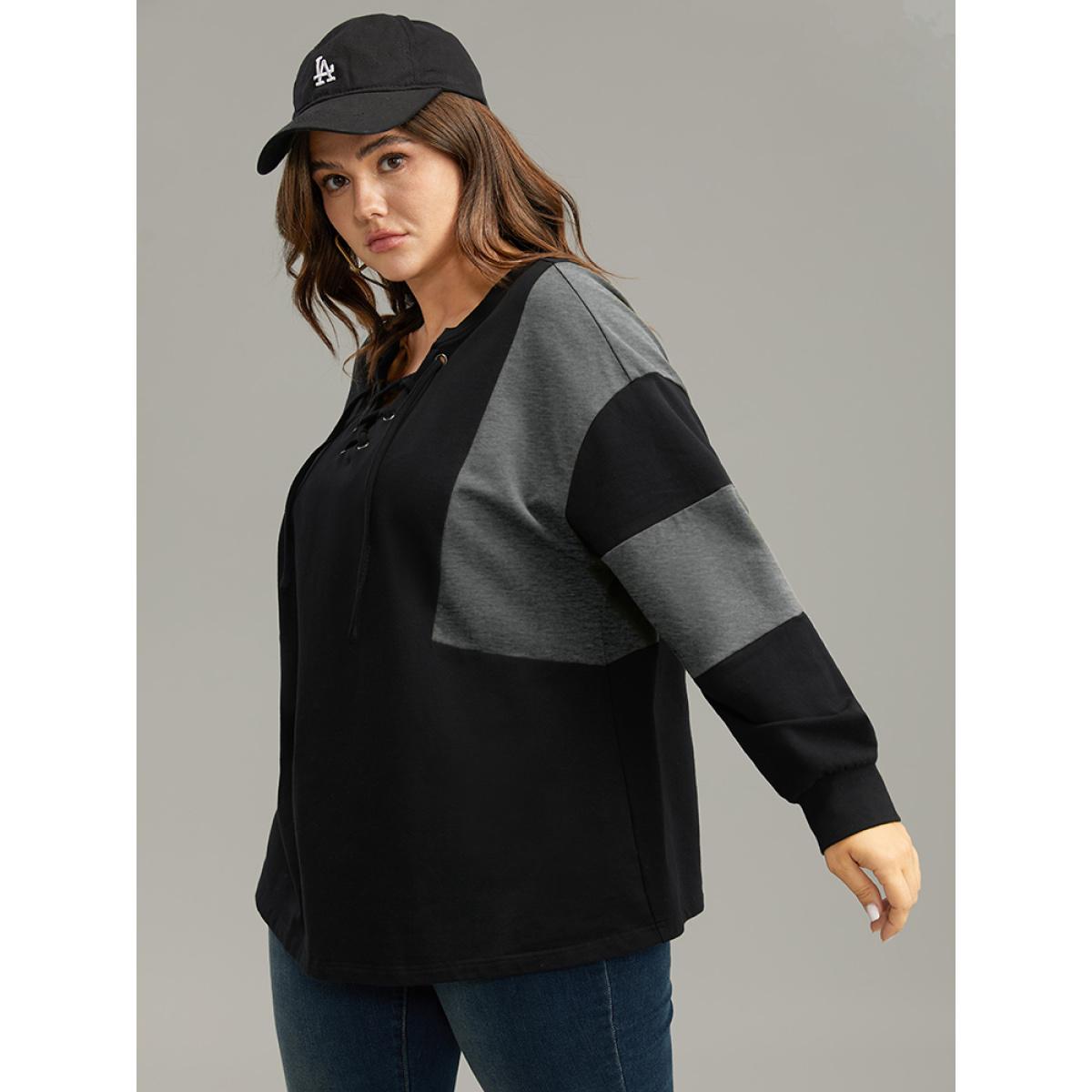 Plus Size Cotton Colorblock Contrast Lace Up Sweatshirt Women Gray Casual Elastic cuffs V-neck Dailywear Sweatshirts BloomChic 28/5X Product Image