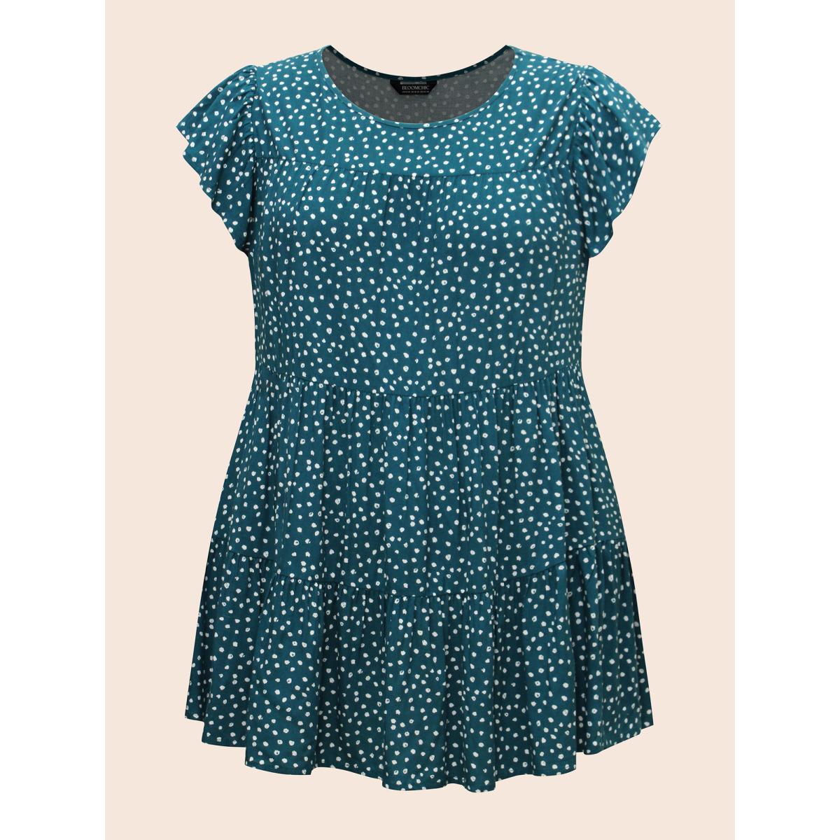 Plus Size Cyan Allover Print Cap Sleeve Ruffle Hem Gathered Blouse Women Casual Cap Sleeve Round Neck Everyday Blouses BloomChic 14-16/1X Product Image