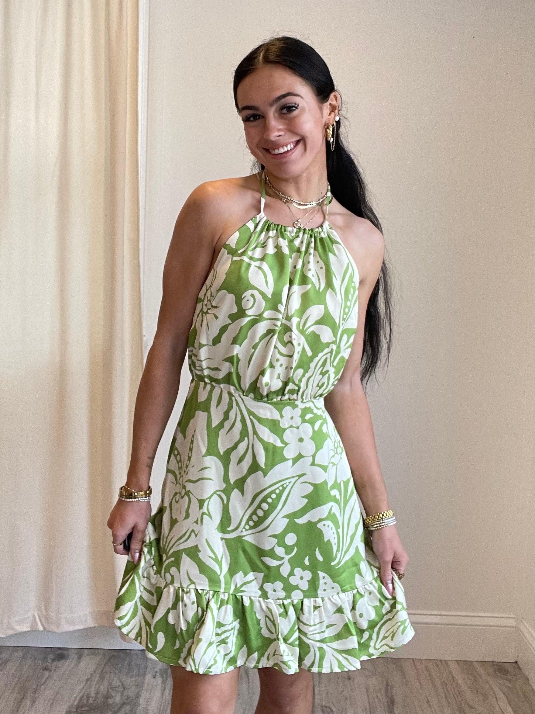 FINAL SALE Avocado Floral Halter Mini Dress Product Image
