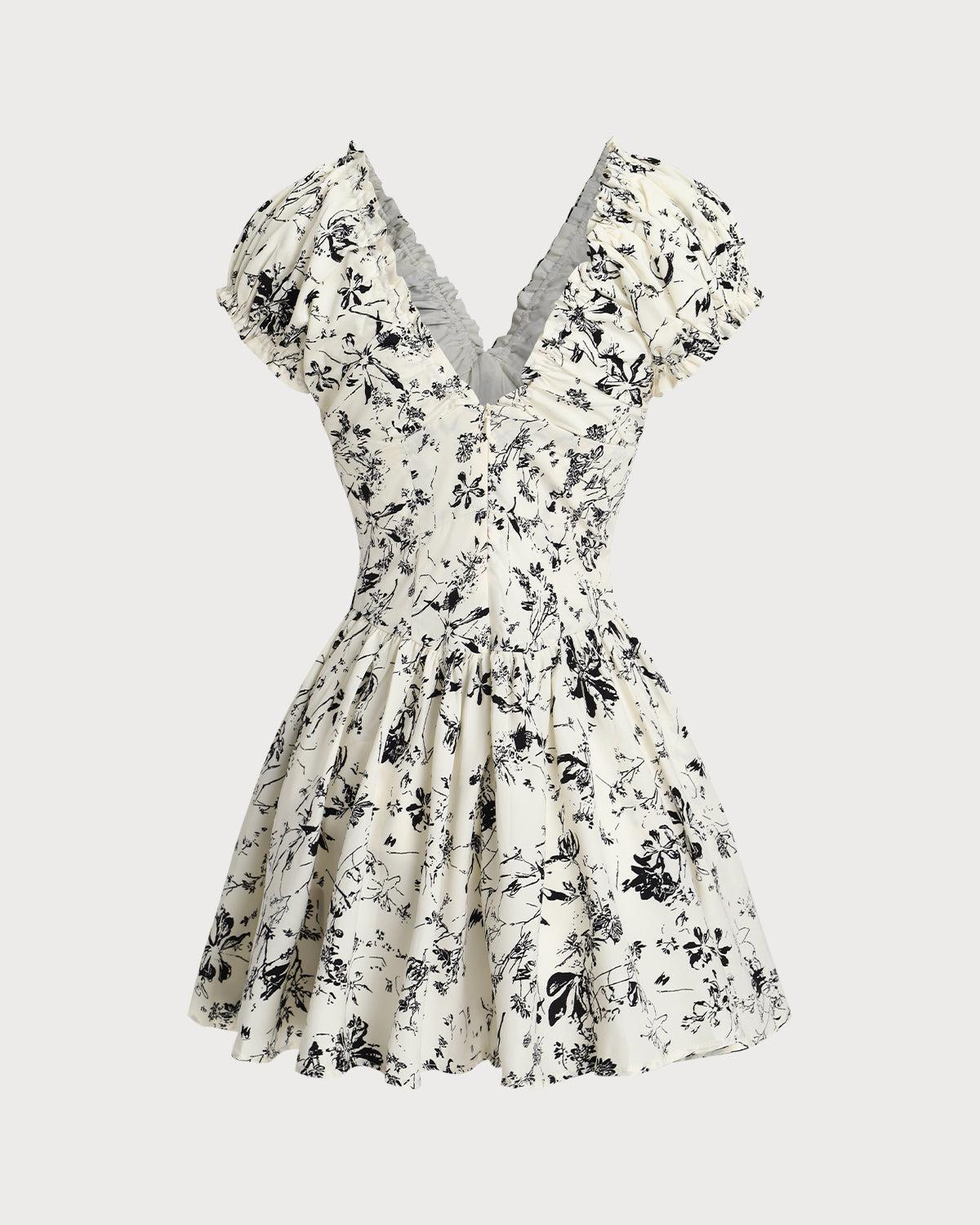 White Floral Ruched V Neck Mini Dress Product Image