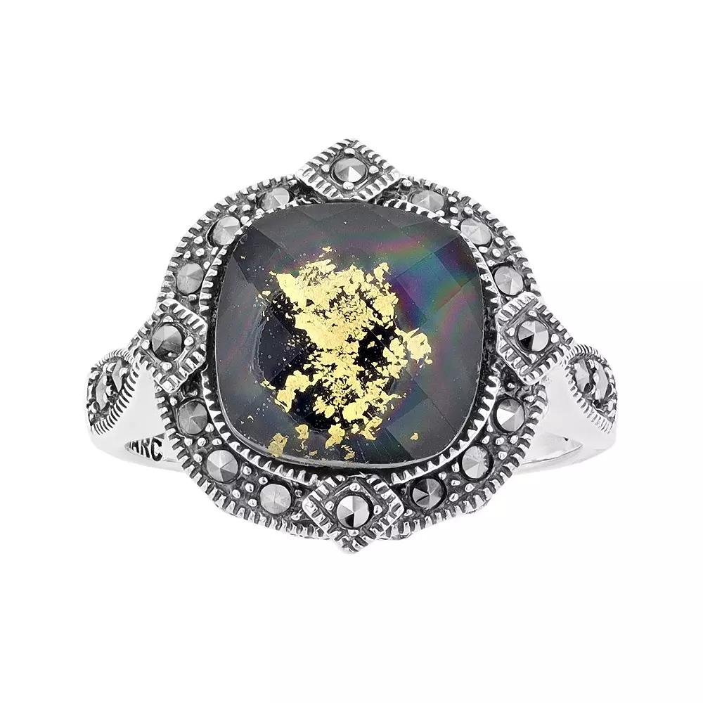 Lavish by TJM Sterling Silver Crystal Gold Leaf Black Onyx Doublet & Marcasite Cushion Ring, Women's, Size: 9 Product Image