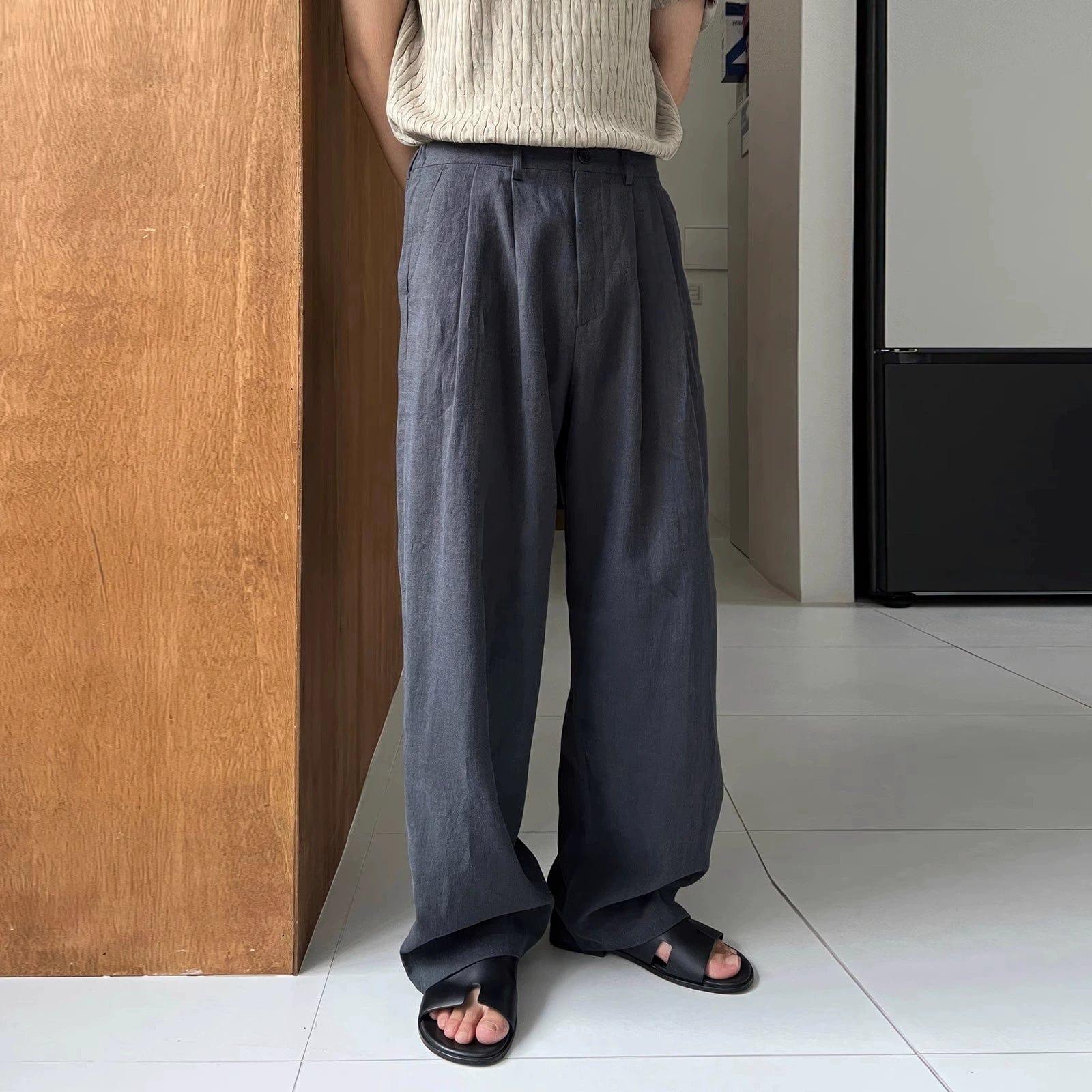 RT No. 18308 LINEN FOLDED PLEATED STRAIGHT PANTS Product Image