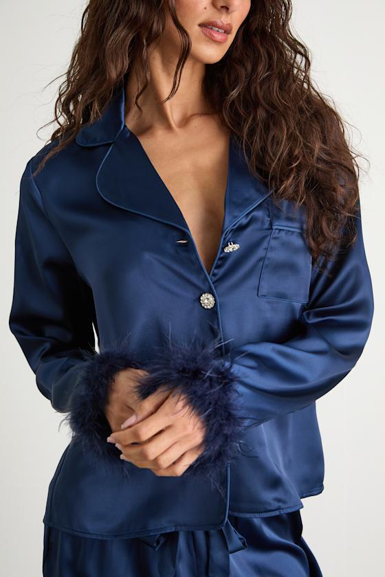 Dreamiest Delight Dark Blue Satin Feather Two-Piece Pajama Set Product Image