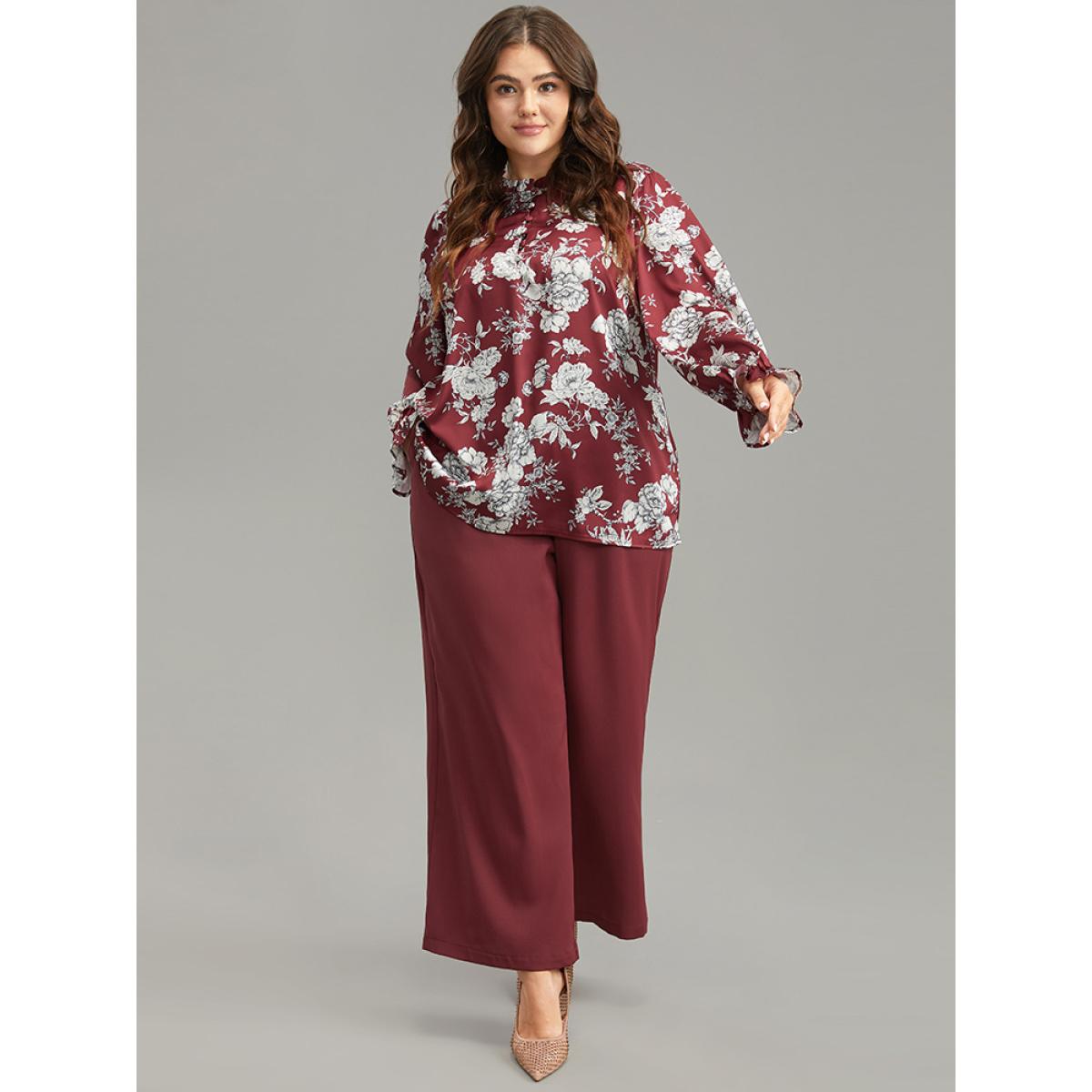 Plus Size Scarlet Silhouette Floral Print Frill Trim Button Detail Blouse Women Elegant Long Sleeve Round Neck Dailywear Blouses BloomChic 26/4X Product Image
