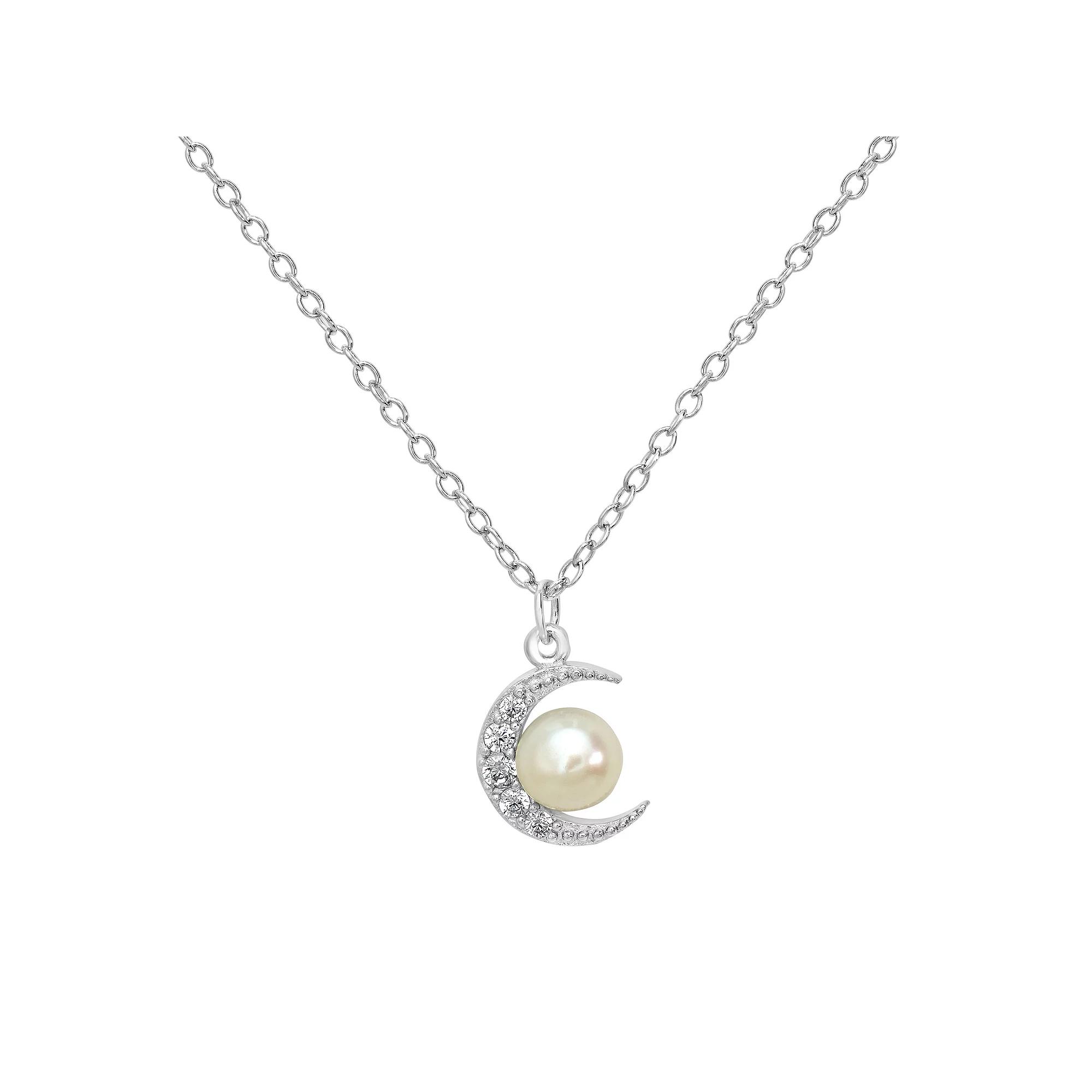 Gemistry Sterling Silver Cubic Zirconia & Freshwater Cultured Pearl Crescent Moon Pendant Necklace, Women's, Size: 18-20" ADJ Product Image