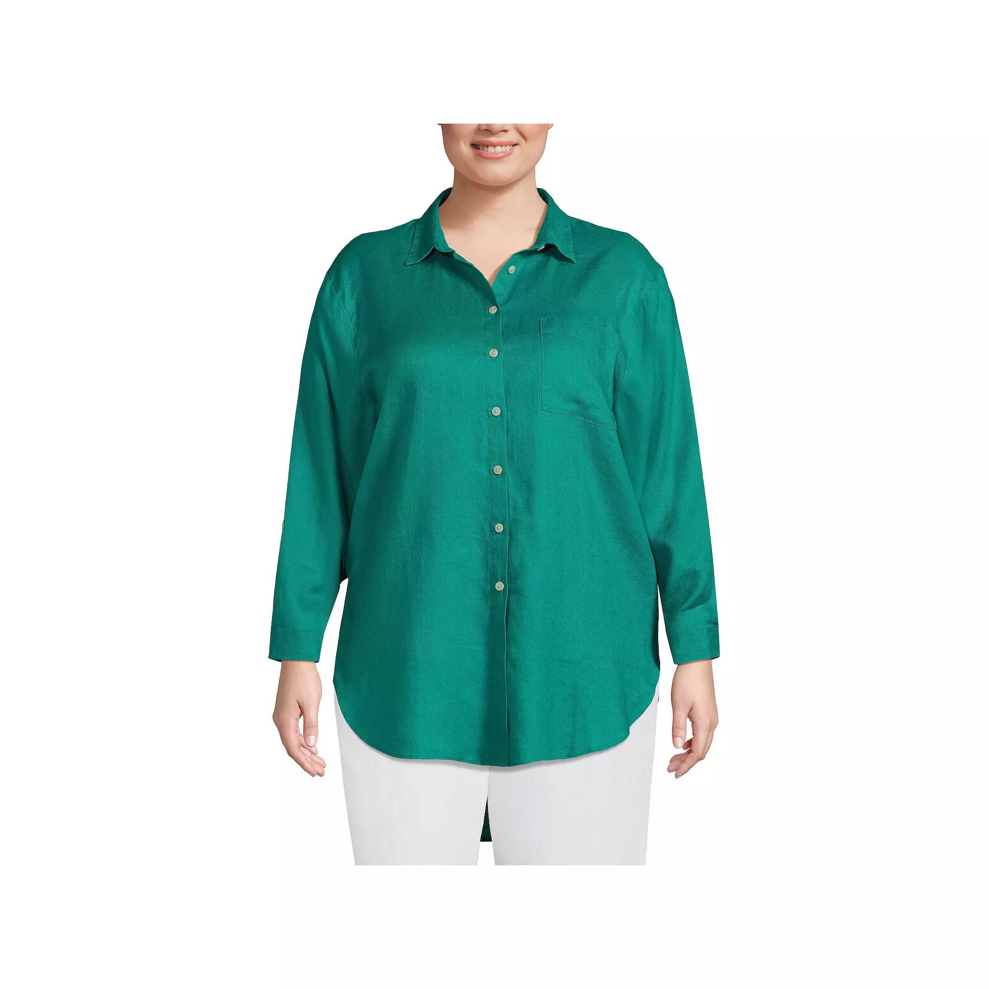 Plus Size Lands' End Linen Roll Sleeve Relaxed-Fit Tunic, Women's, Size: 2XL, Island Green Product Image
