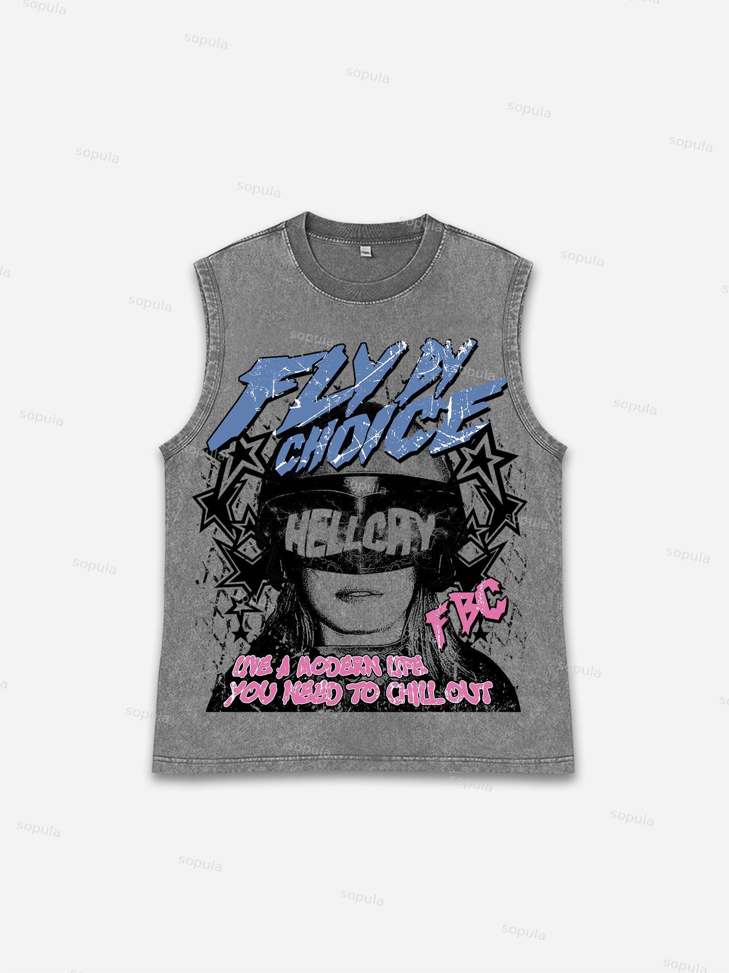 Fly By Choice Graphic Acid Washed Sleeveless Tank Top Shirts Product Image